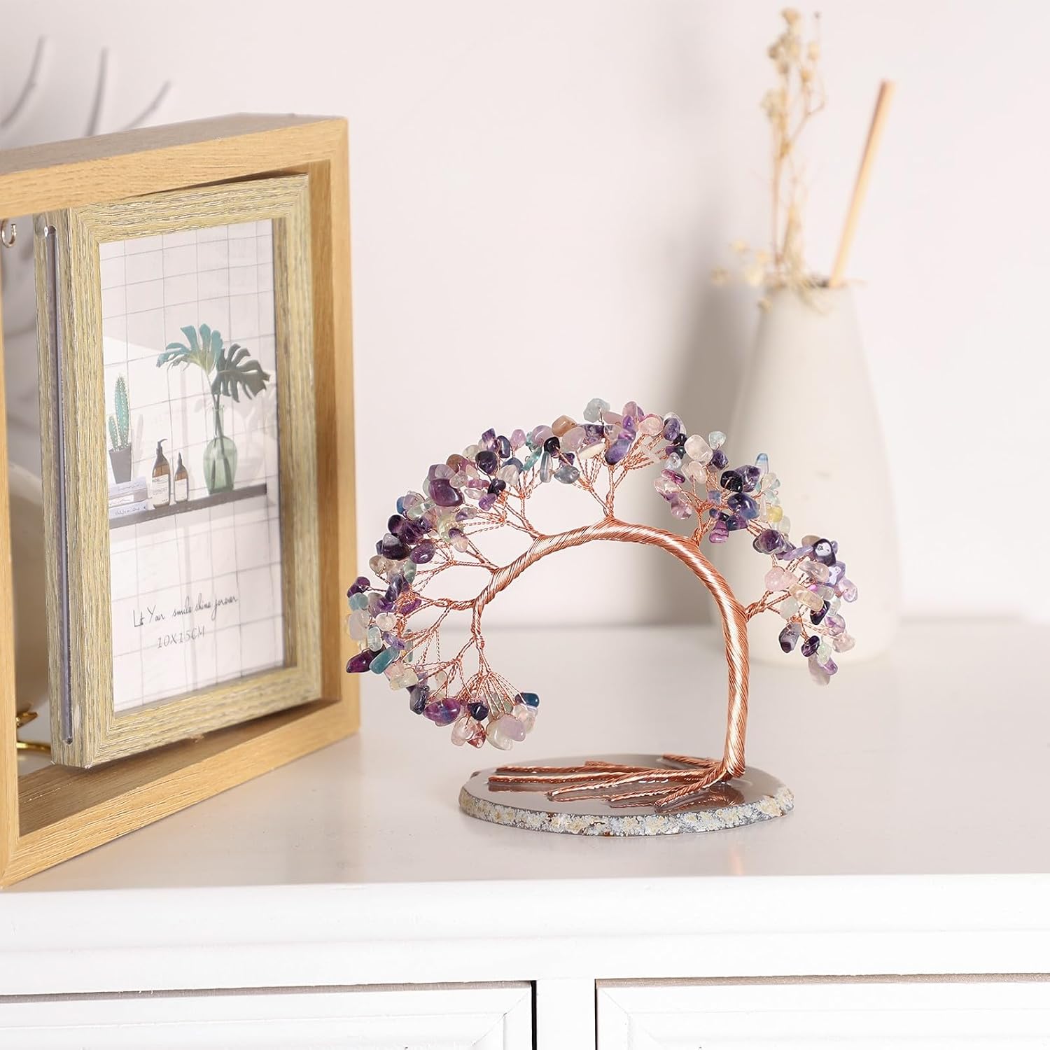 Handmade Fluorite Crystal Tree on Agate Slice Base, Feng Shui Stone Money Tree Bonsai for Home Office Decoration, 4.5"-5.2"