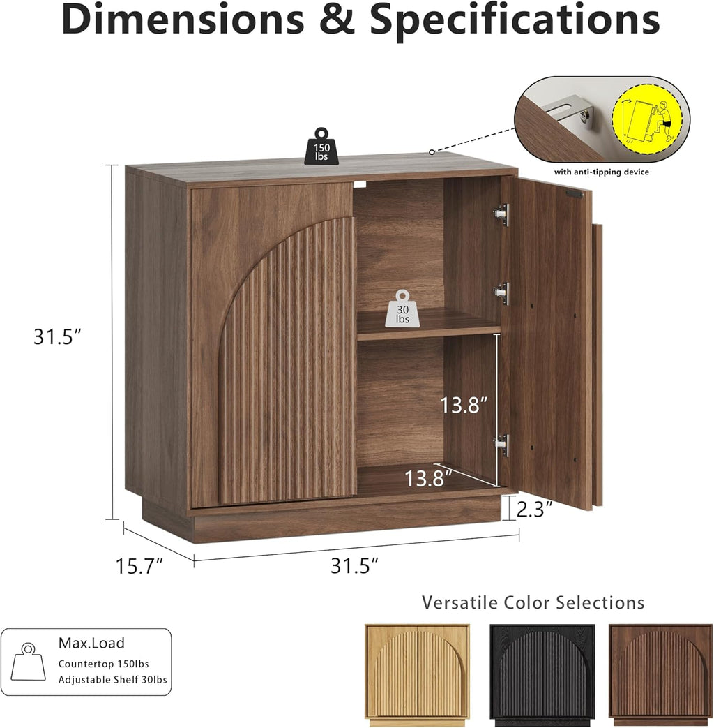 win2win Fluted Sideboard Buffet Cabinet with Storage,31.5" Mid Century Modern Accent Cabinet with Double-Layered Arch Door,Small Wood Console Credenza for Dining Living Room Hallway,Walnut,1PCS
