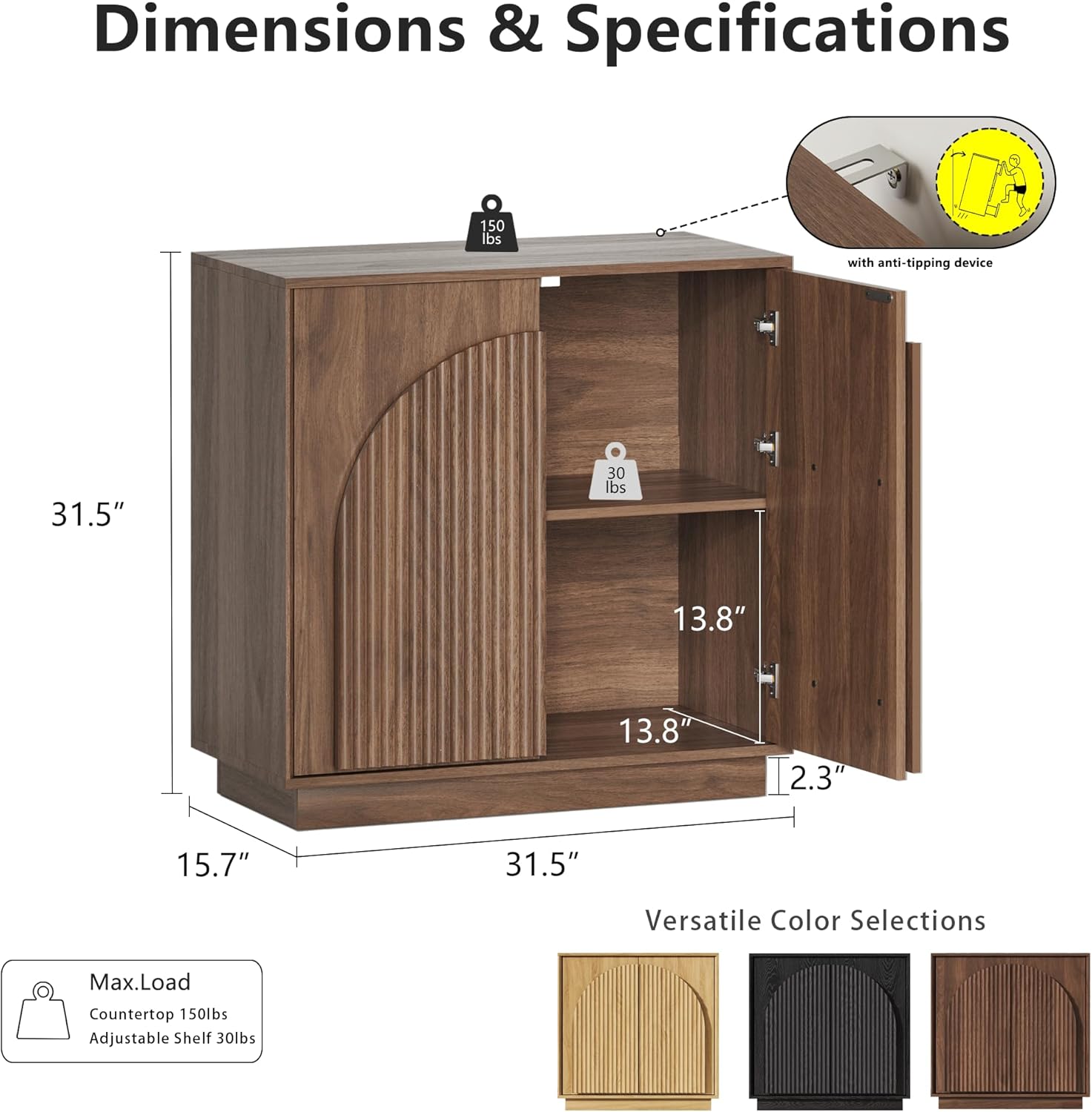 win2win Fluted Sideboard Buffet Cabinet with Storage,31.5" Mid Century Modern Accent Cabinet with Double-Layered Arch Door,Small Wood Console Credenza for Dining Living Room Hallway,Walnut,1PCS