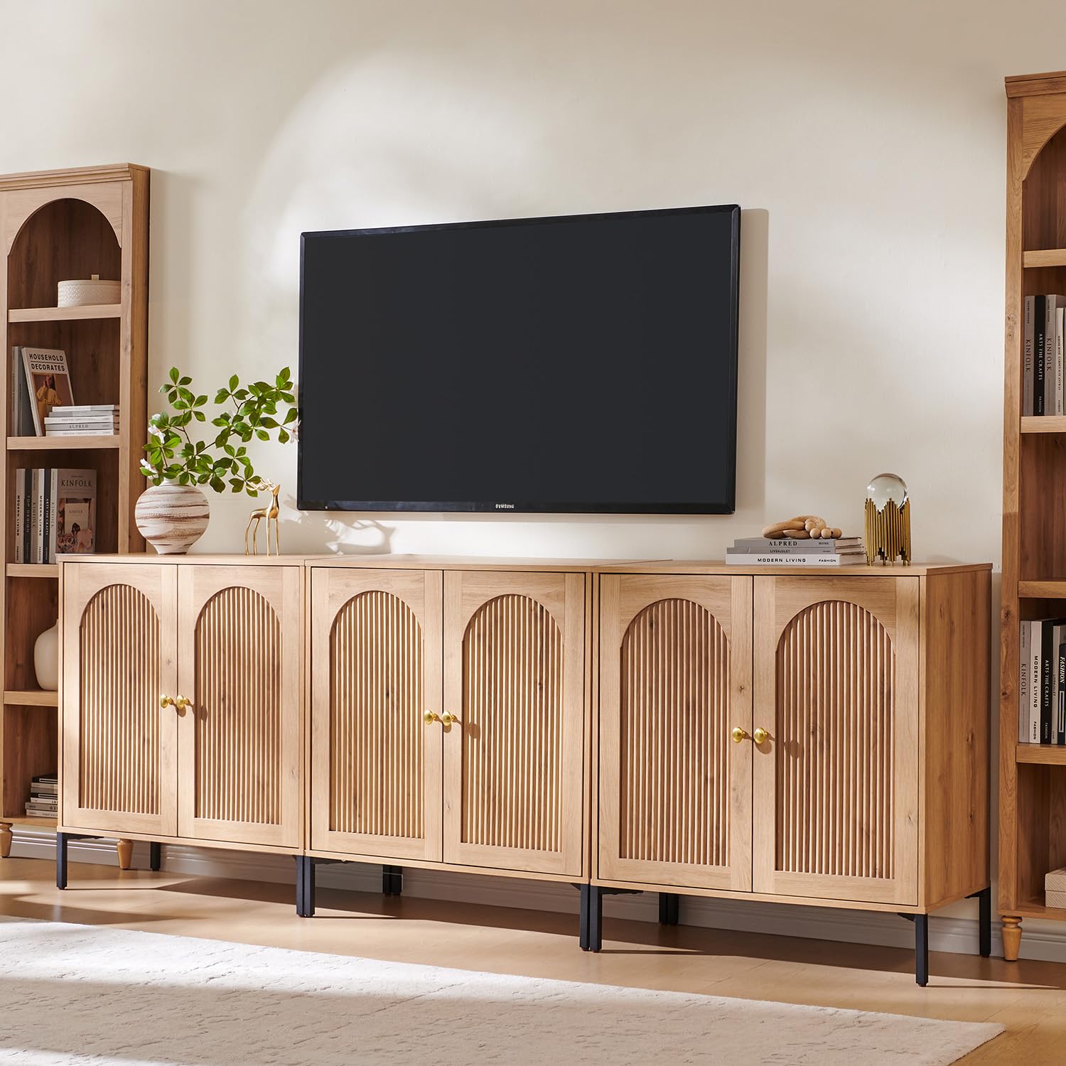 IFBUY Modern Sideboard Buffet Cabinet, 34" Tall Fluted Arched Buffet Cabinet with Storage and Adjustable Shelves, Wooden Modular Coffee Bar Cabinets for Kitchen, Entryway, Natural