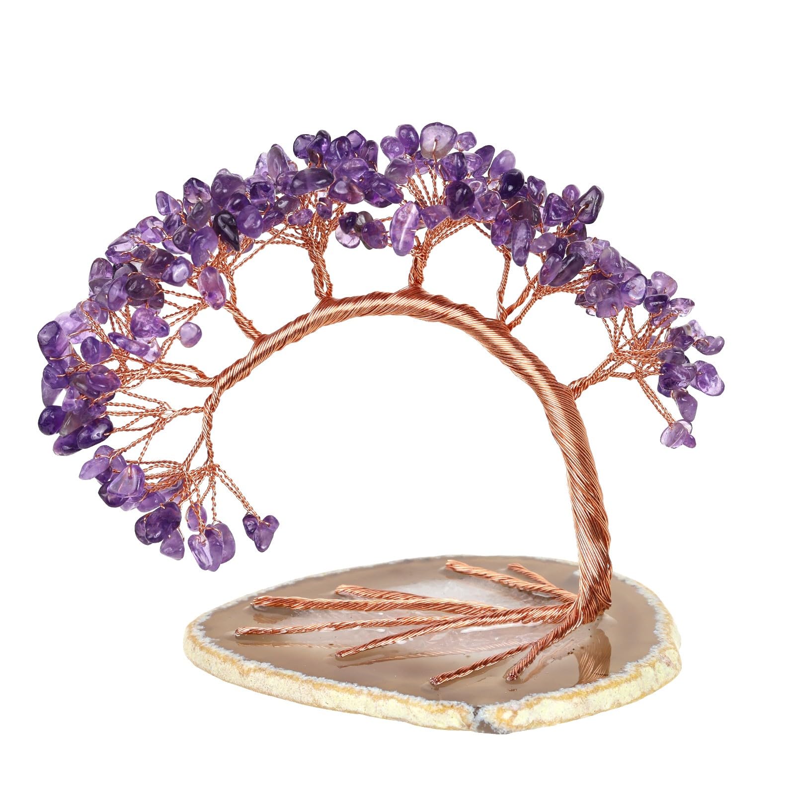 Handmade Fluorite Crystal Tree on Agate Slice Base, Feng Shui Stone Money Tree Bonsai for Home Office Decoration, 4.5"-5.2"