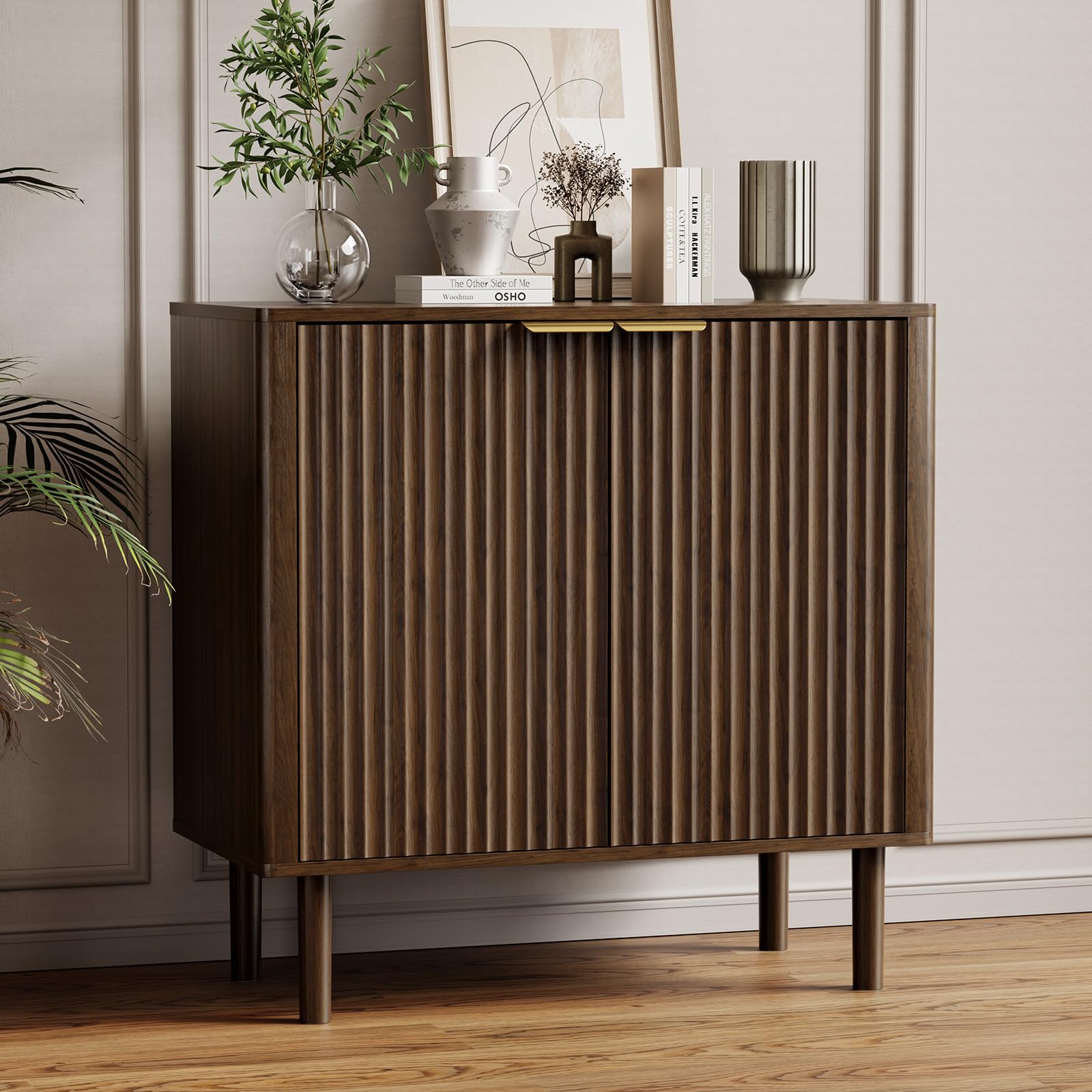 IKALIFE Sideboard Buffet Cabinet with Storage, Modern Fluted Accent Credenza with Doors & Adjustable Shelves, Wood Coffee Bar Console Table for Living Room, Dining Room, Kitchen or Entryway 31.5" Oak
