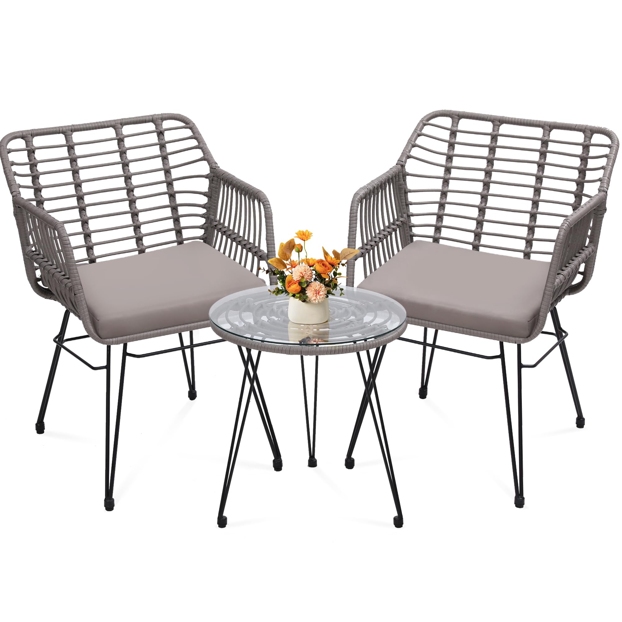 KROFEM 3 Piece Wicker Patio Bistro Furniture Set, Includes 2 Rattan Chairs and Glass Top Table, Ideal for Porch, Outdoor, Backyard, Apartment, Balcony, Natural