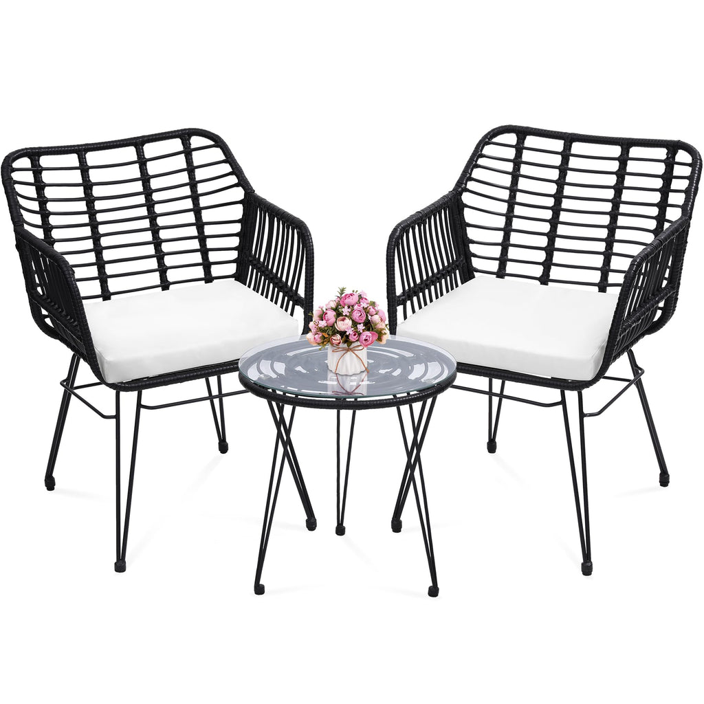 KROFEM 3 Piece Wicker Patio Bistro Furniture Set, Includes 2 Rattan Chairs and Glass Top Table, Ideal for Porch, Outdoor, Backyard, Apartment, Balcony, Natural