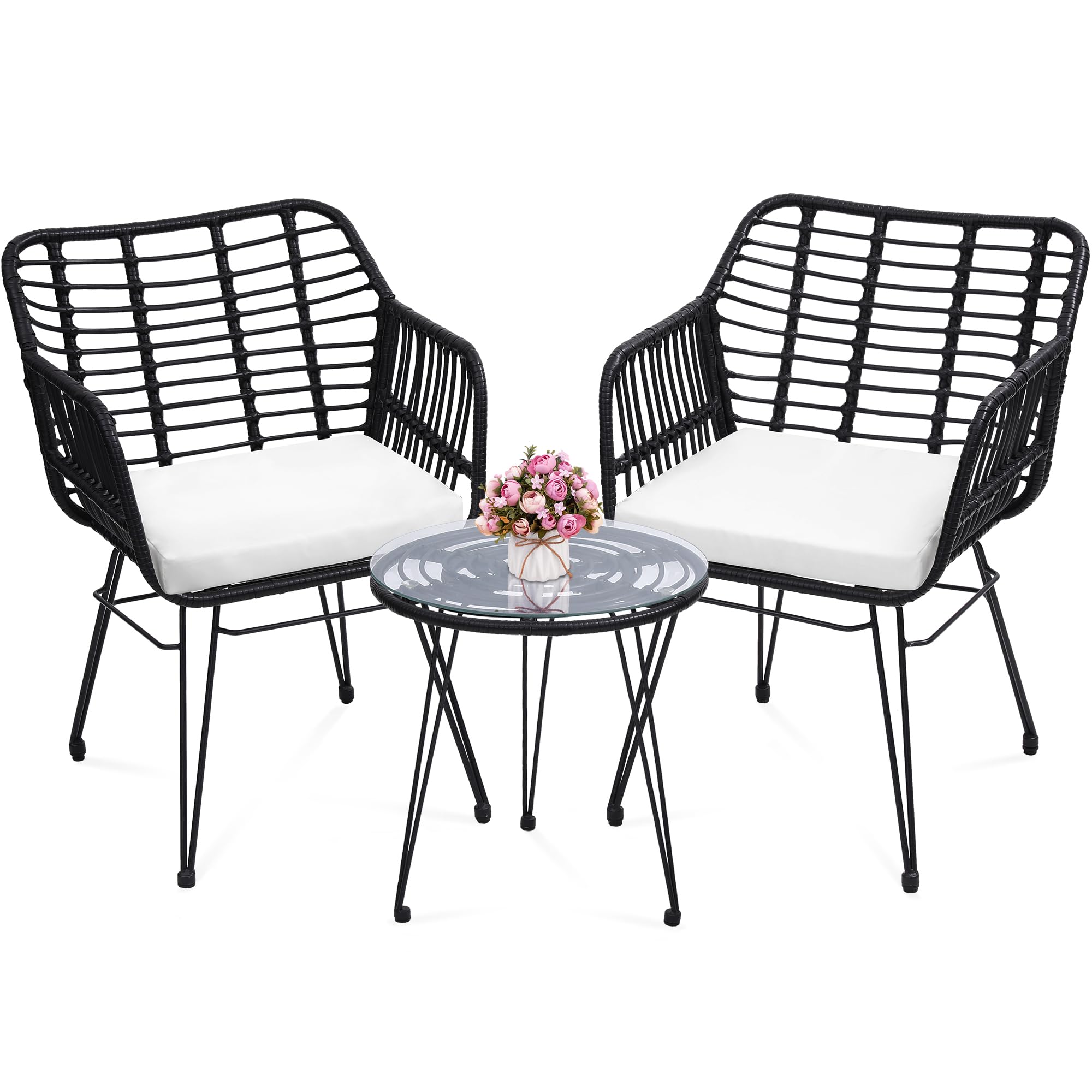 KROFEM 3 Piece Wicker Patio Bistro Furniture Set, Includes 2 Rattan Chairs and Glass Top Table, Ideal for Porch, Outdoor, Backyard, Apartment, Balcony, Natural