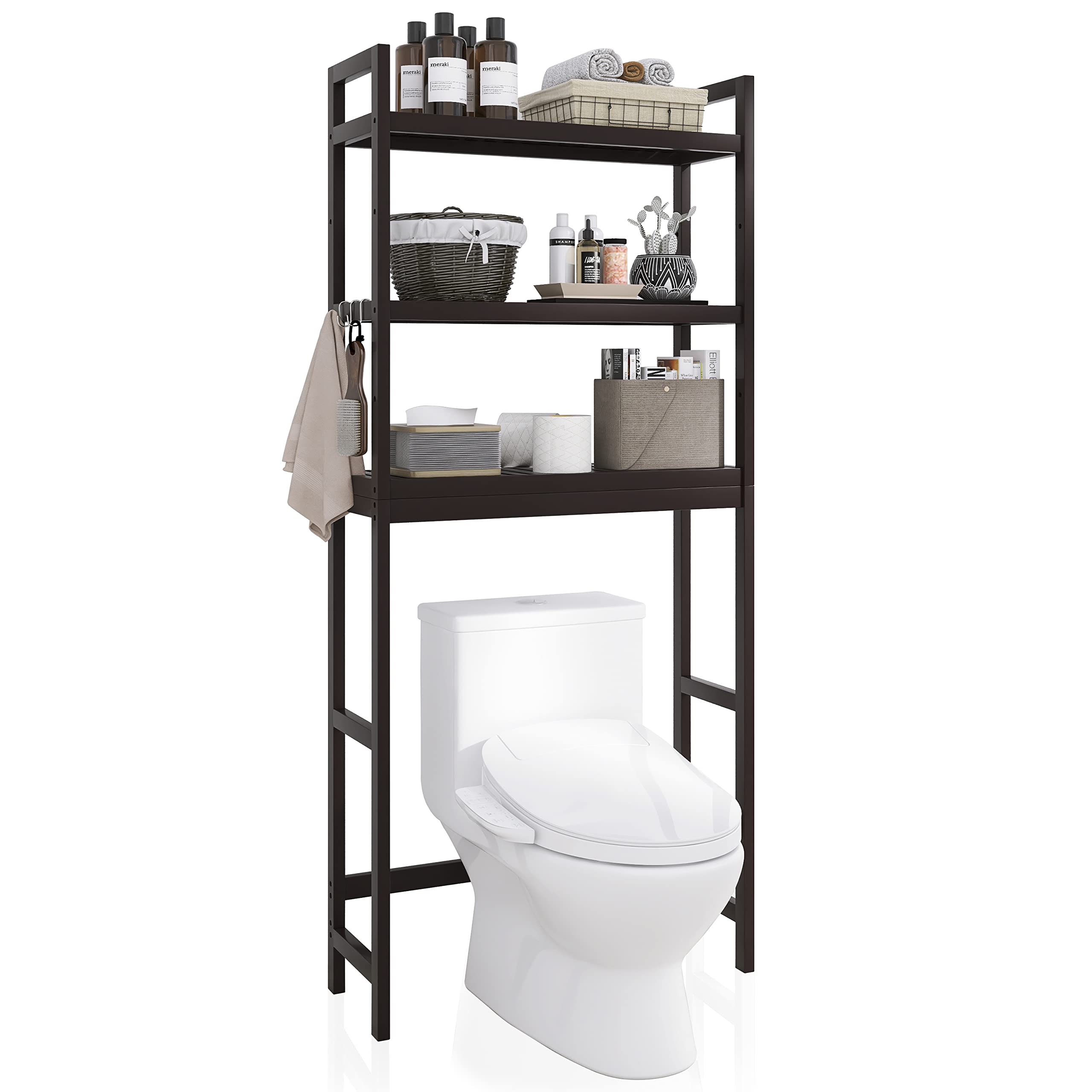 SMIBUY Bathroom Storage Shelf, Bamboo Over-The-Toilet Organizer Rack, Freestanding Toilet Space Saver with 3-Tier Adjustable Shelves (Natural)