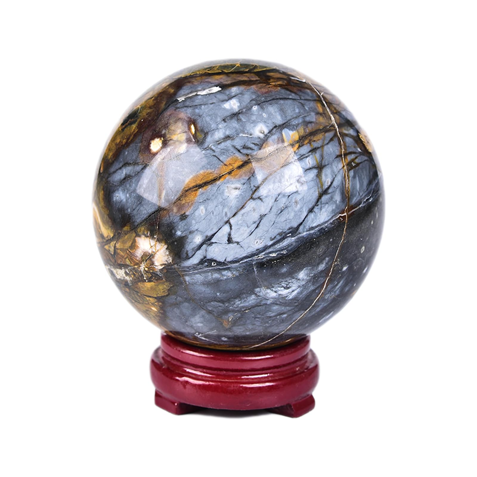 JIC Gem Natural Amazonite Crystal Sphere with Wood Stand Gemstone Sphere,Polished Healing Energy Mineral Gemstone Balls for Reiki Chakra Decoration Fengshui (60-70mm)