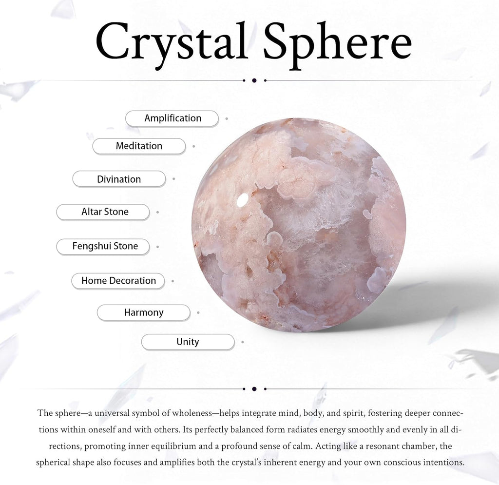 Sportmusies Natural Cherry Blossom Agate Stone Sphere with Acrylic Stand, Polished Crystal Ball Decoration for Home & Office, 2.76-3.15 inches