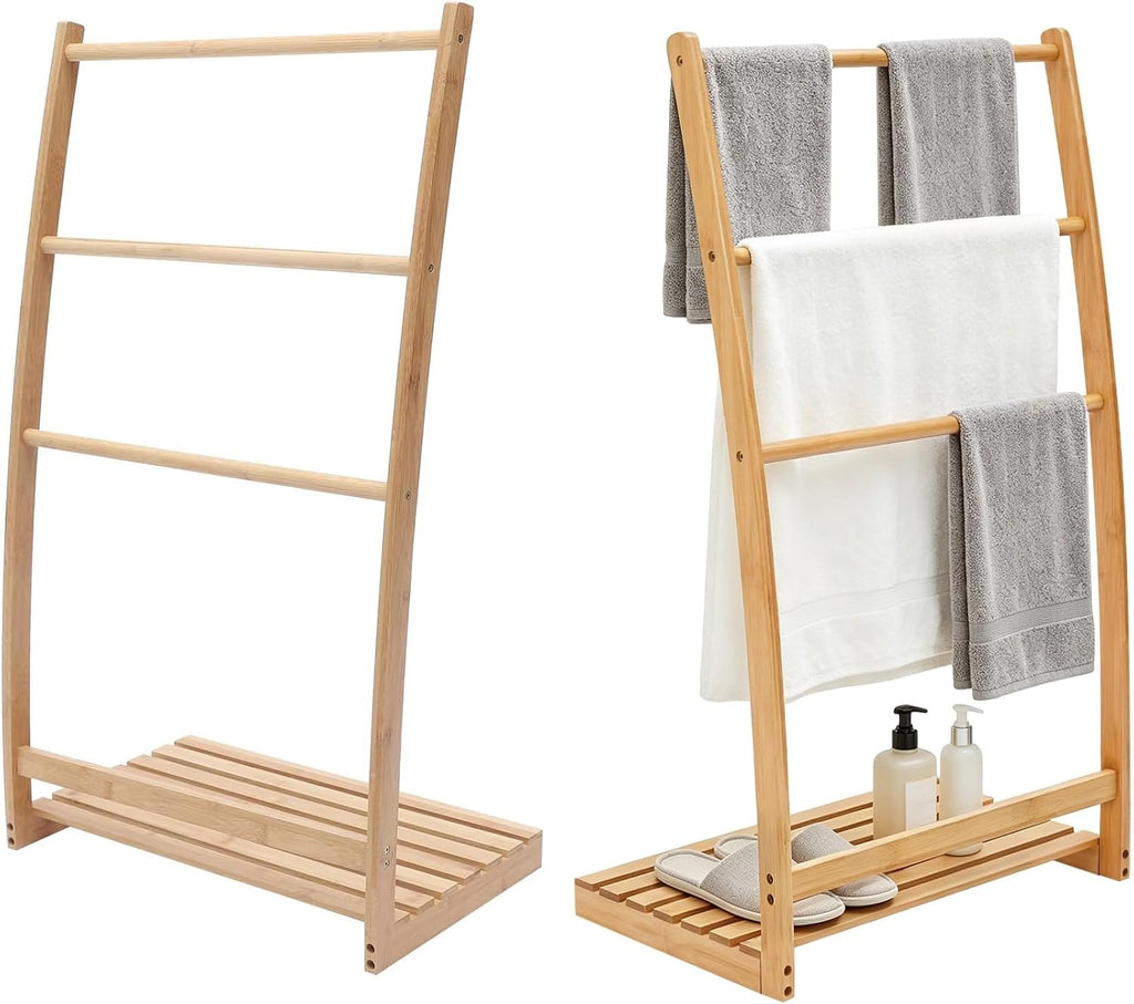 40 Bamboo 3 Tier Towel Rack Quilt Rack Stand or Blanket Rack Extra Tall freestanding Solid Wood Towel Rack with Bottom Storage Shelf for Living Room or Bedroom