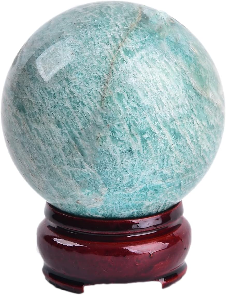 JIC Gem Natural Amazonite Crystal Sphere with Wood Stand Gemstone Sphere,Polished Healing Energy Mineral Gemstone Balls for Reiki Chakra Decoration Fengshui (60-70mm)