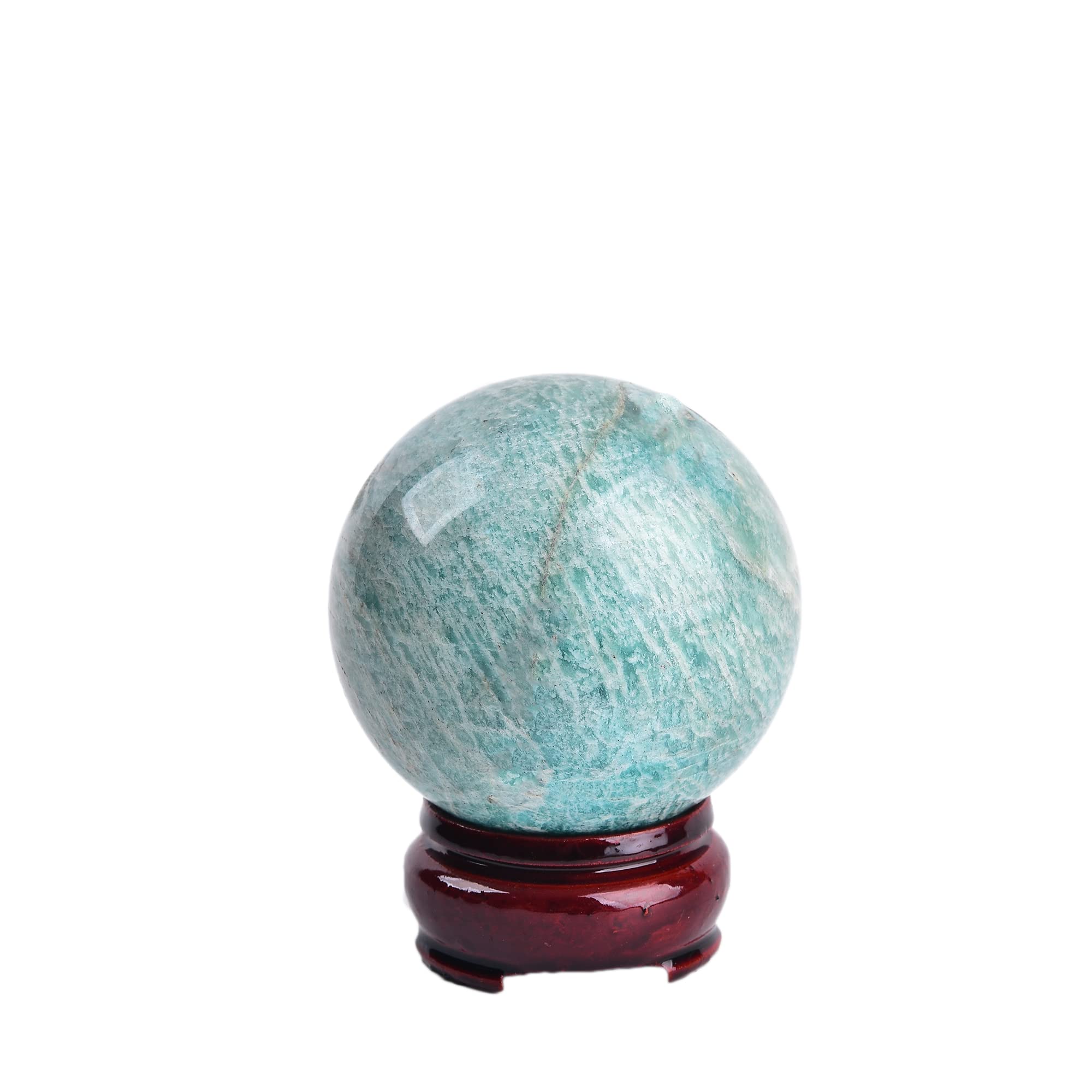 JIC Gem Natural Amazonite Crystal Sphere with Wood Stand Gemstone Sphere,Polished Healing Energy Mineral Gemstone Balls for Reiki Chakra Decoration Fengshui (60-70mm)