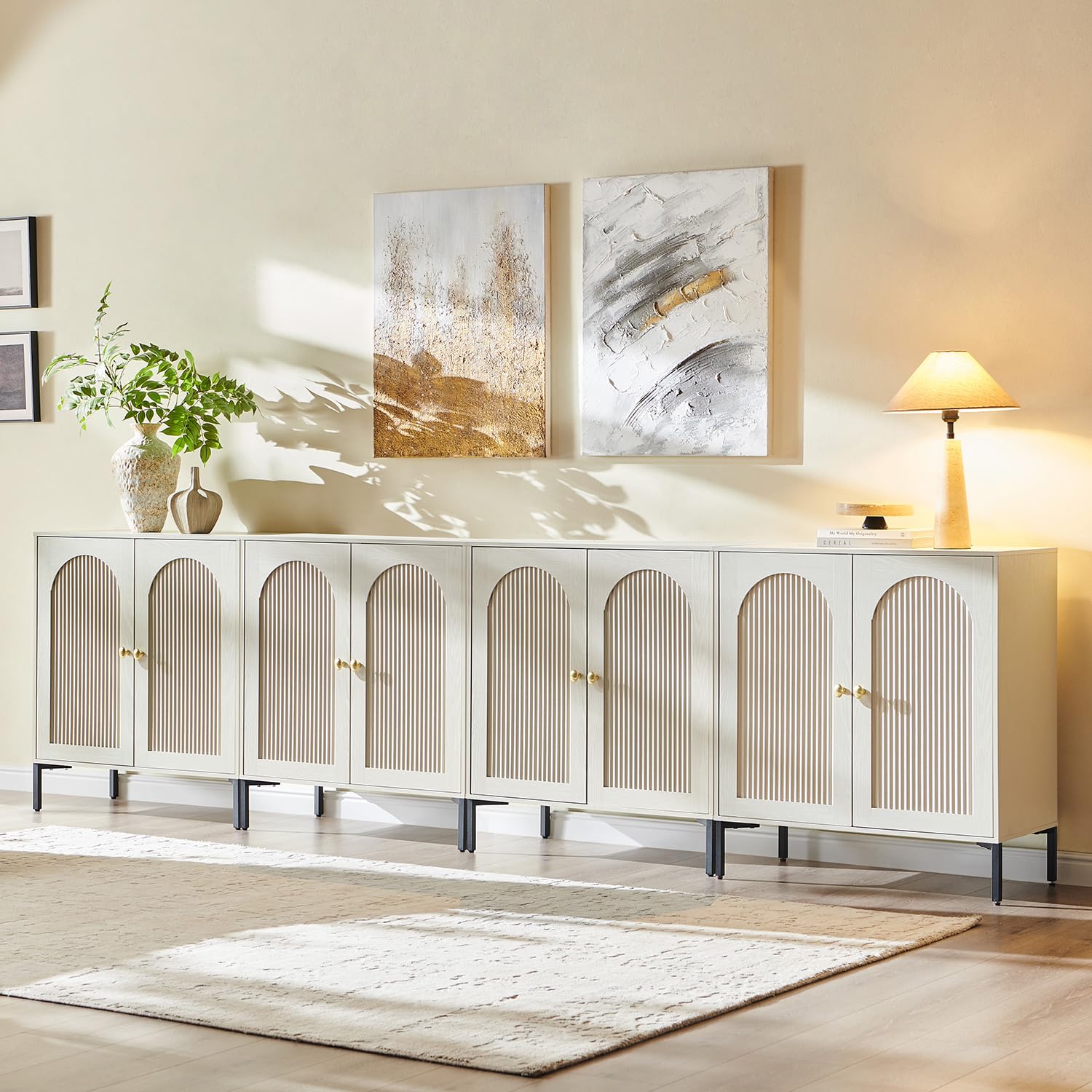 IFBUY Modern Sideboard Buffet Cabinet, 34" Tall Fluted Arched Buffet Cabinet with Storage and Adjustable Shelves, Wooden Modular Coffee Bar Cabinets for Kitchen, Entryway, Natural