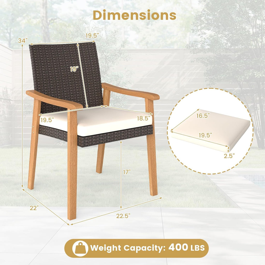 Tangkula Wicker Patio Dining Chair Set of 2, PE Rattan Outdoor Dinner Chairs with Removable Cushion, Acacia Wood Armrests & Legs, Outside Chairs for Backyard, Poolside, Porch, Yard, Balcony