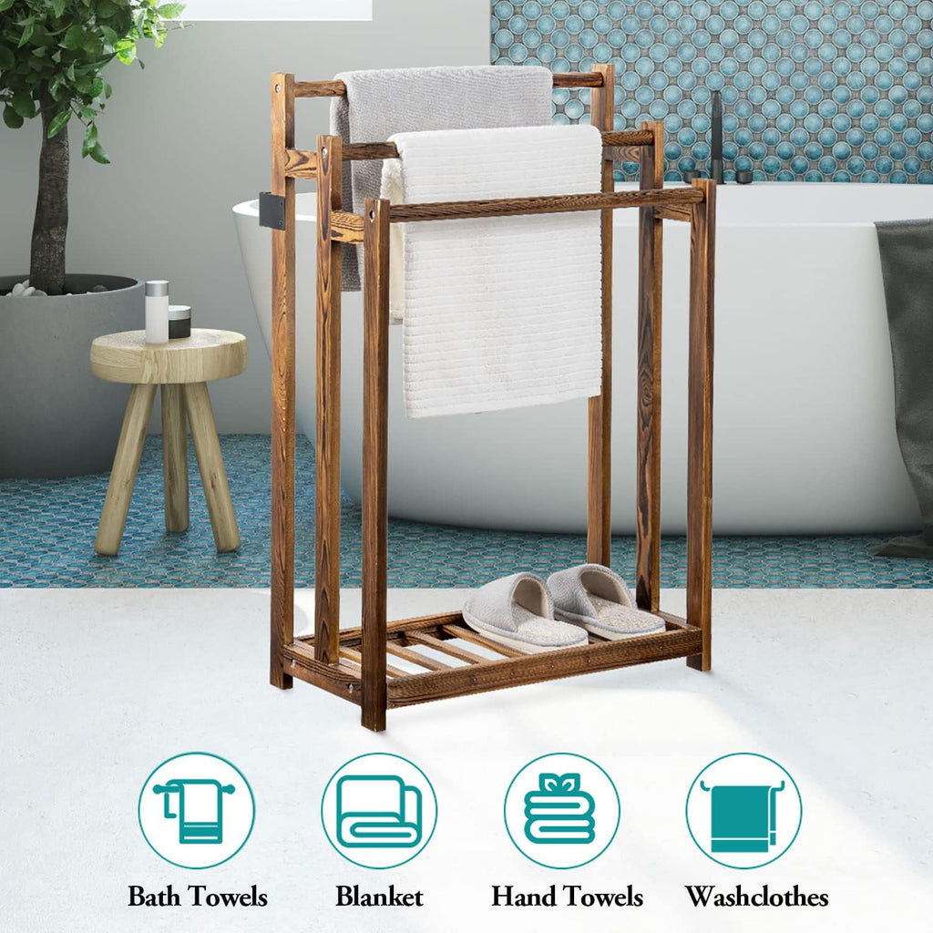 MyGift Free Standing Towel Rack, Wooden 3-Tier Quilt Rack, Bath Towel Drying Stand, Blanket Holder with Bottom Storage Shelf, for Bathroom, Living Room, Rustic Dark Brown