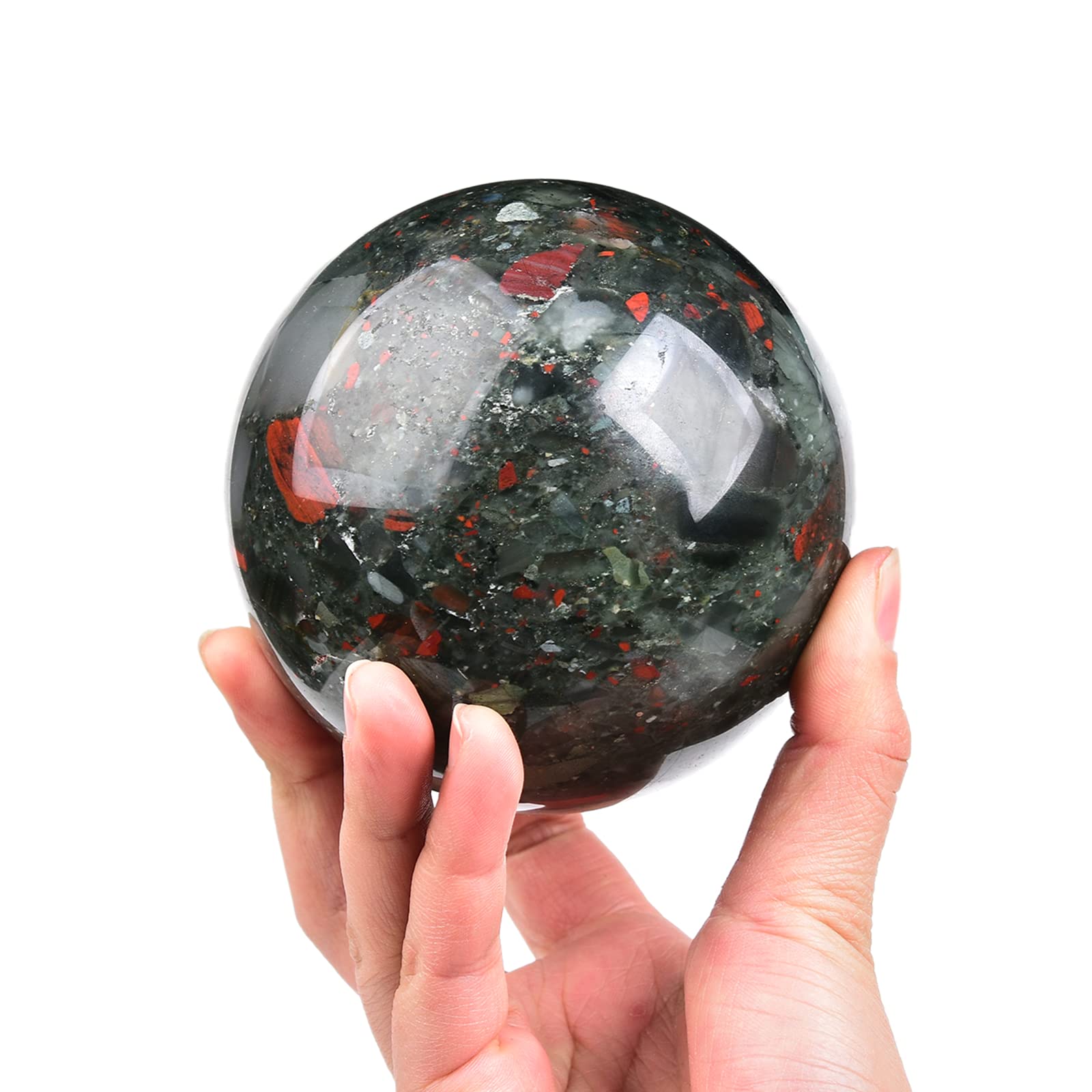 JIC Gem Natural Amazonite Crystal Sphere with Wood Stand Gemstone Sphere,Polished Healing Energy Mineral Gemstone Balls for Reiki Chakra Decoration Fengshui (60-70mm)