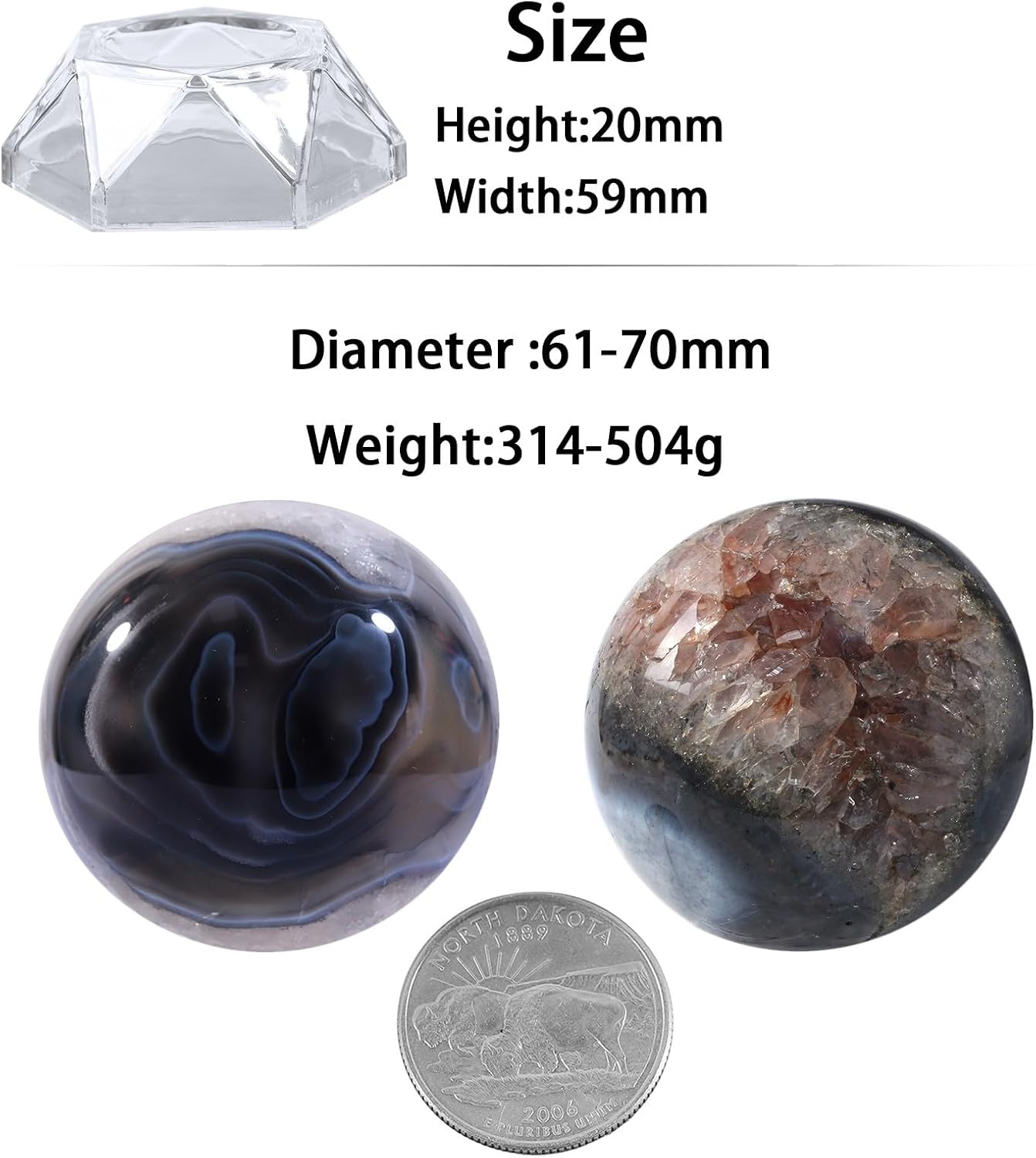 Sportmusies Natural Stripes Black Agate Stone Sphere with Acrylic Stand, Polished Crystal Ball Decoration for Home & Office, 2.36-2.76 inches