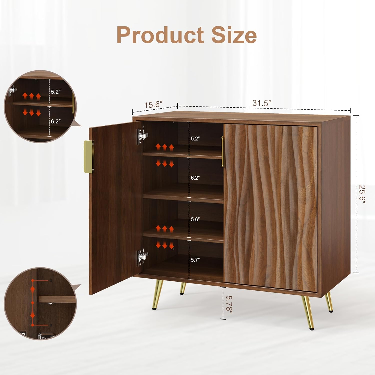 Walnut Buffet Cabinet with Fluted Doors & Adjustable Shelves for Living Room Kitchen
