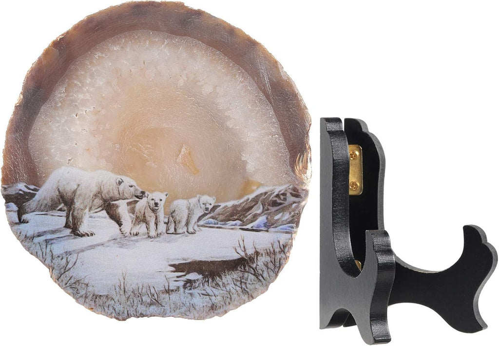 Rockcloud Polar Bears Agate Slab Display with Wooden Stand Irregular Shape Aagte Slice Stone Home Office Desk Ornament