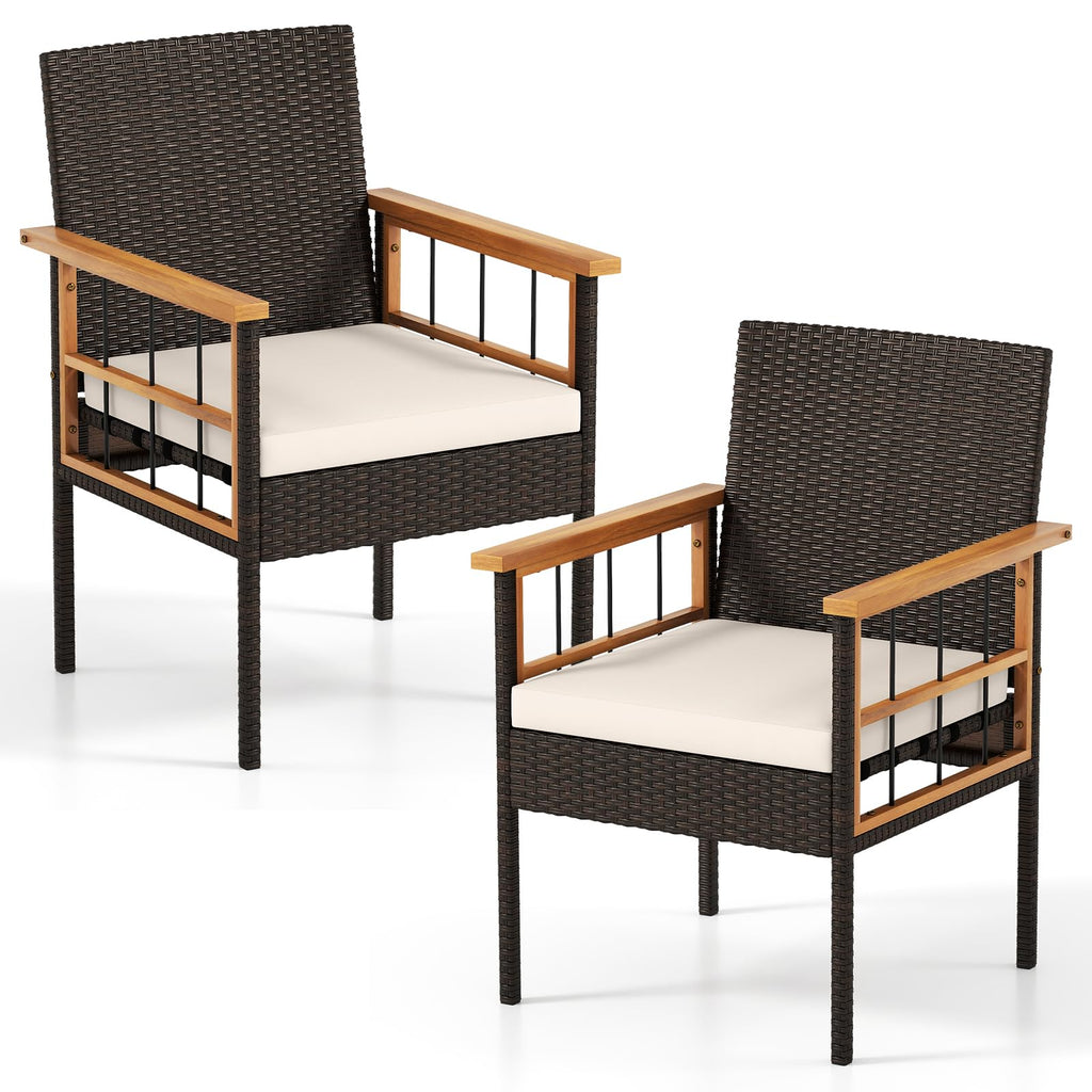 Tangkula Wicker Patio Dining Chair Set of 2, PE Rattan Outdoor Dinner Chairs with Removable Cushion, Acacia Wood Armrests & Legs, Outside Chairs for Backyard, Poolside, Porch, Yard, Balcony