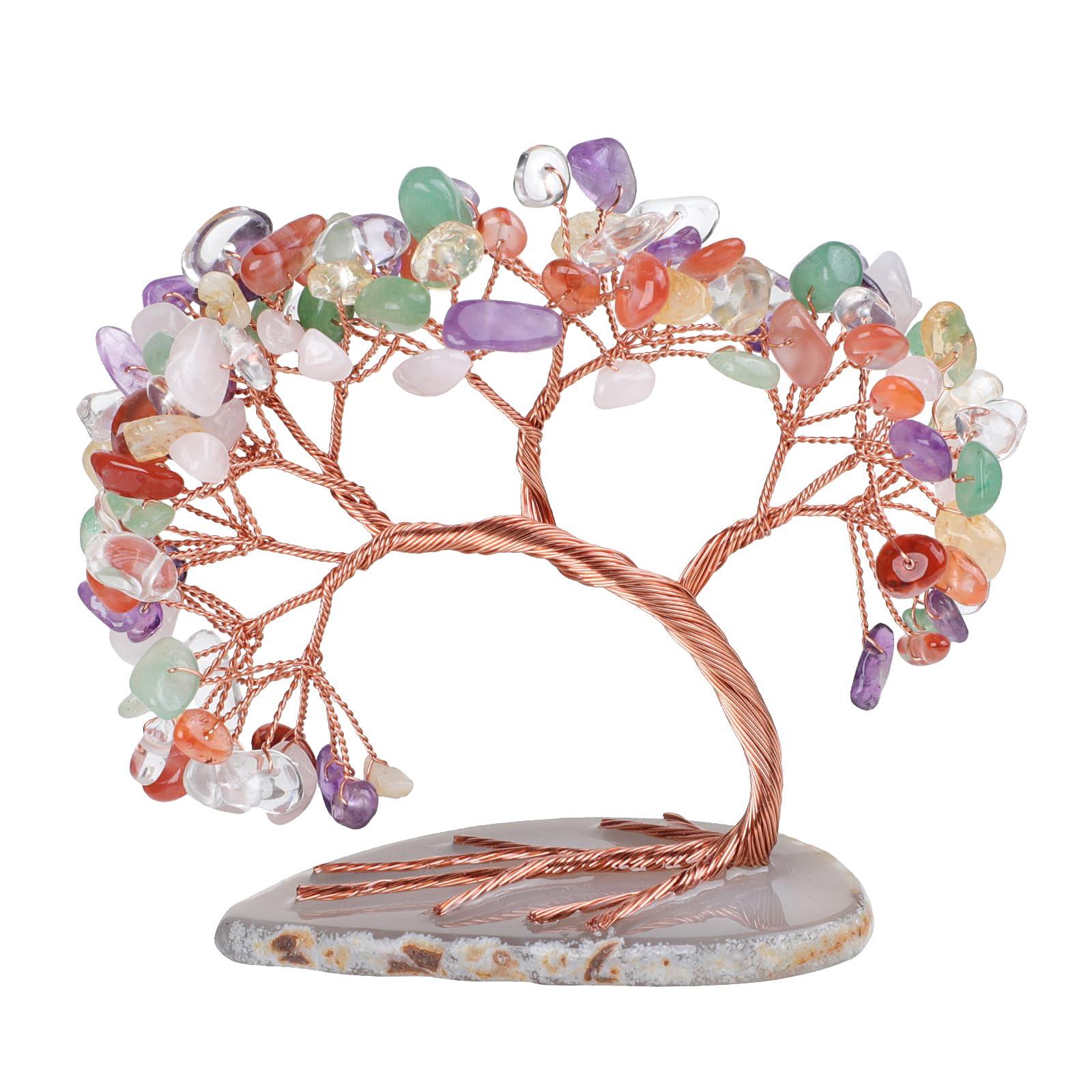 Handmade Fluorite Crystal Tree on Agate Slice Base, Feng Shui Stone Money Tree Bonsai for Home Office Decoration, 4.5"-5.2"