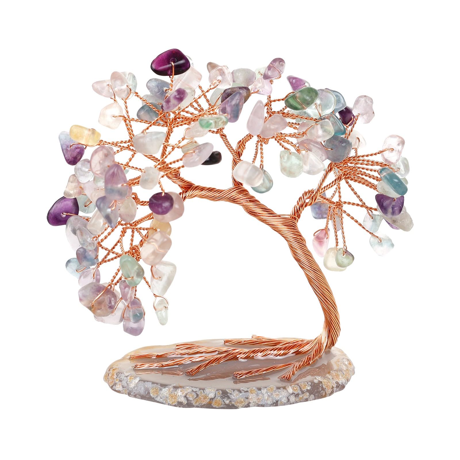Handmade Fluorite Crystal Tree on Agate Slice Base, Feng Shui Stone Money Tree Bonsai for Home Office Decoration, 4.5"-5.2"