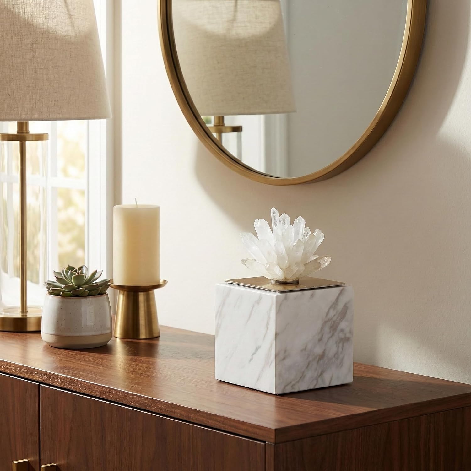 Marble Crystal Block Floral Accent Decor for Coffee Table Mantel Shelf