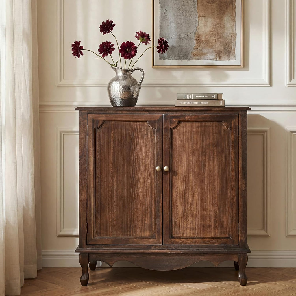 Solid Wood Sideboard with Adjustable Feet, 2 Shelves Storage Accent Cabinet with Double Doors, Farmhouse Buffet for Living Room, Dining Room & Entryway, Walnut