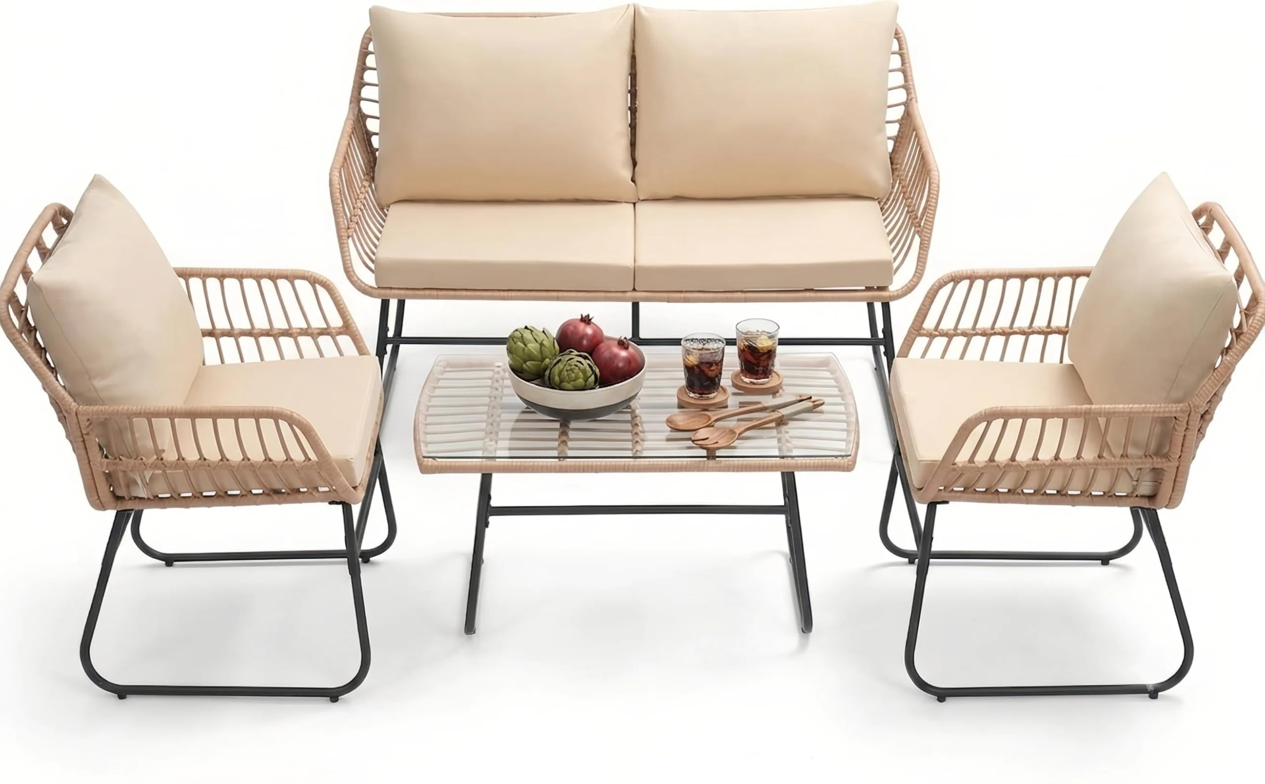 KROFEM 3 Piece Wicker Patio Bistro Furniture Set, Includes 2 Rattan Chairs and Glass Top Table, Ideal for Porch, Outdoor, Backyard, Apartment, Balcony, Natural