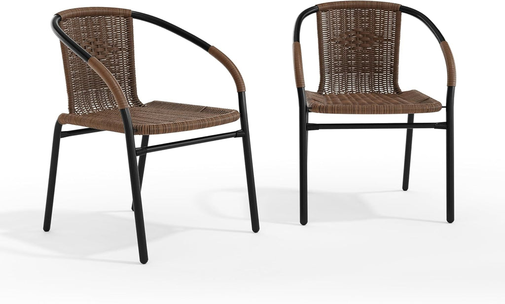 EMMA + OLIVER Set of 2 Modern PE Rattan Stack Chairs, Indoor/Outdoor Patio Dining Chairs, No Assembly Required, Brown