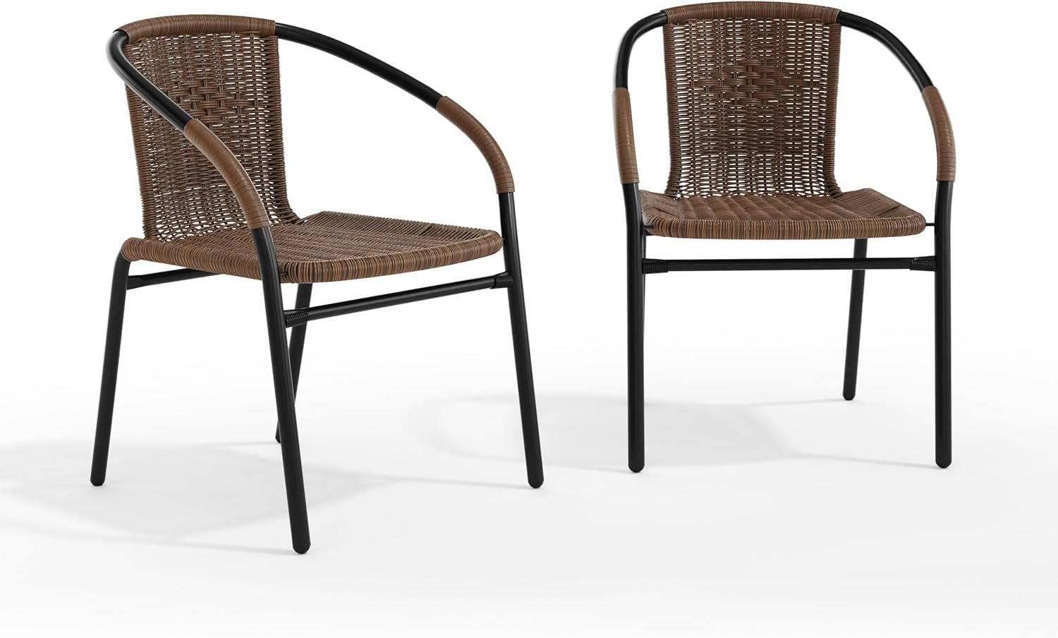EMMA + OLIVER Set of 2 Modern PE Rattan Stack Chairs, Indoor/Outdoor Patio Dining Chairs, No Assembly Required, Brown