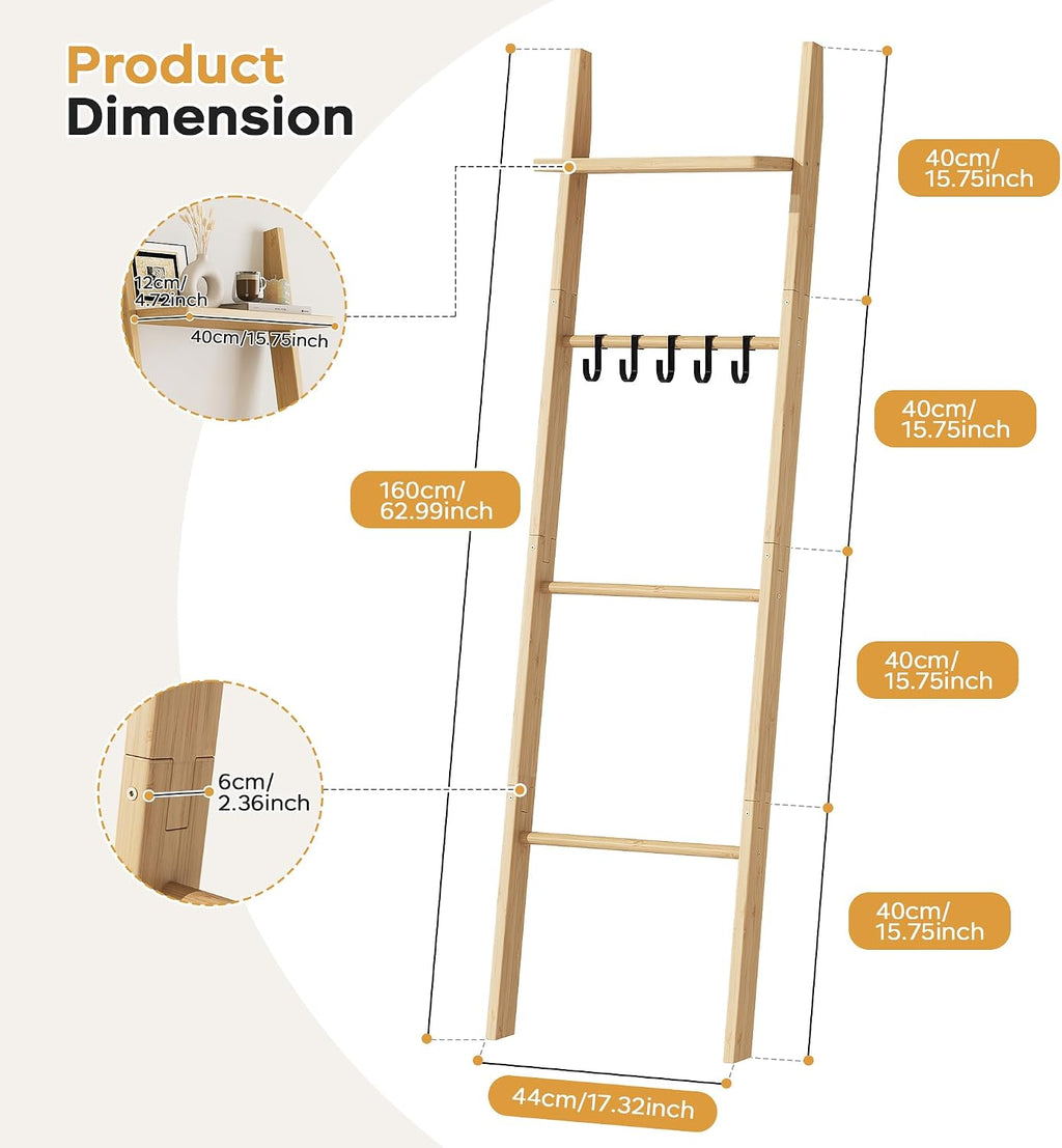 Farmhouse Leaning Bamboo Quilt Rack with Storage Shelf for Bathroom Bedroom