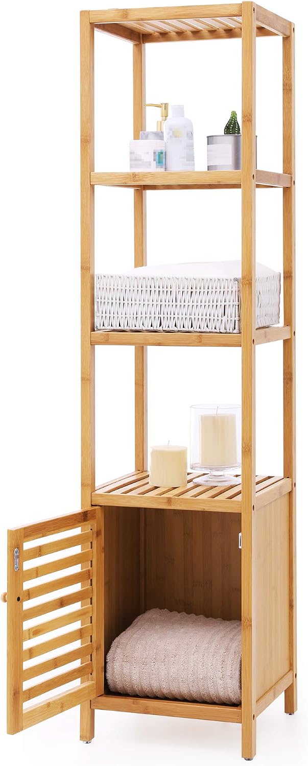 SONGMICS Bamboo Bathroom Storage Floor Cabinet, 4 Tiers Multifunctional Floor Shelving Unit, Free Standing Tower Corner Rack, Natural UBCB50Y