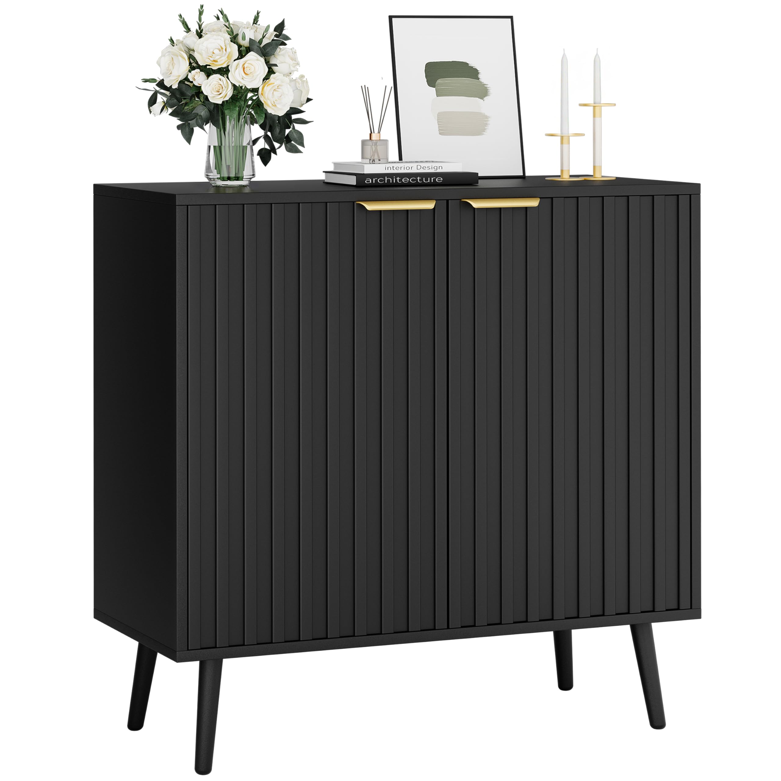 Vrullu Fluted Storage Cabinet, Freestanding Buffet Cabinet with Adjustable Shelf, Wood Sideboard, Multifunctional Accent Storage for Living Room, Hallway, Entryway, Dining Room (1, Oak)