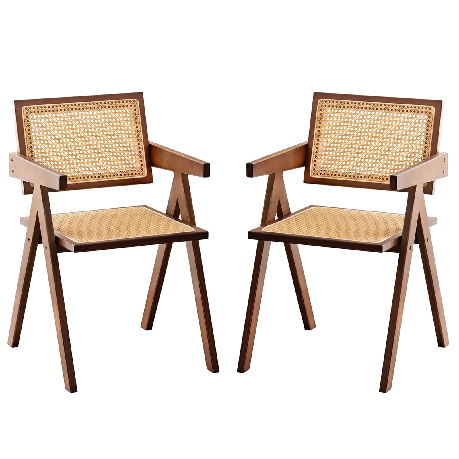 Furlide Rattan Dining Chairs Set of 2, Mid-Century Accent Armchair, Wicker Chair, Outdoor Bamboo Chair for Dining Room, Living Room, Bedroom, Kitchen, Walnut