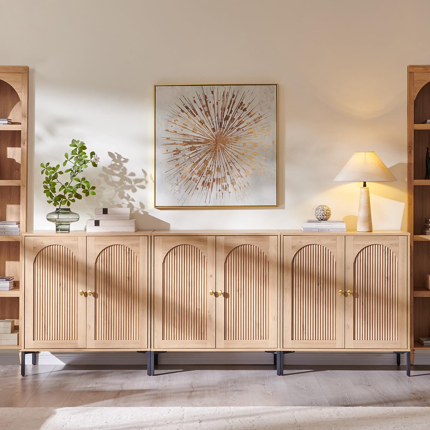 IFGET Modern Buffet Cabinet with Storage, 34" Tall Fluted Arched Sideboard Cabinet w/Adjustable Shelves, Wooden Modular Coffee Bar for Dining Room, Kitchen, Living Room, Entryway, Natural