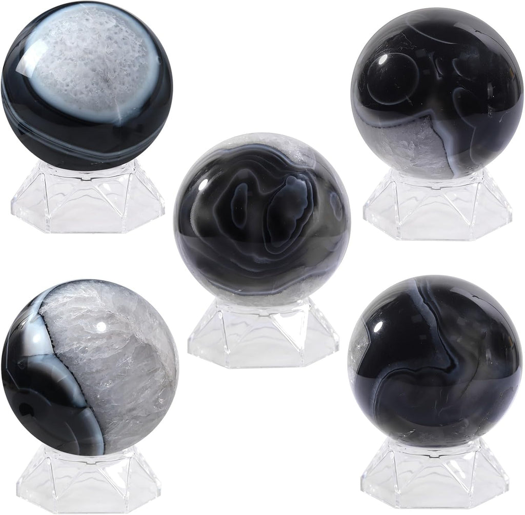 Sportmusies Natural Stripes Black Agate Stone Sphere with Acrylic Stand, Polished Crystal Ball Decoration for Home & Office, 2.36-2.76 inches