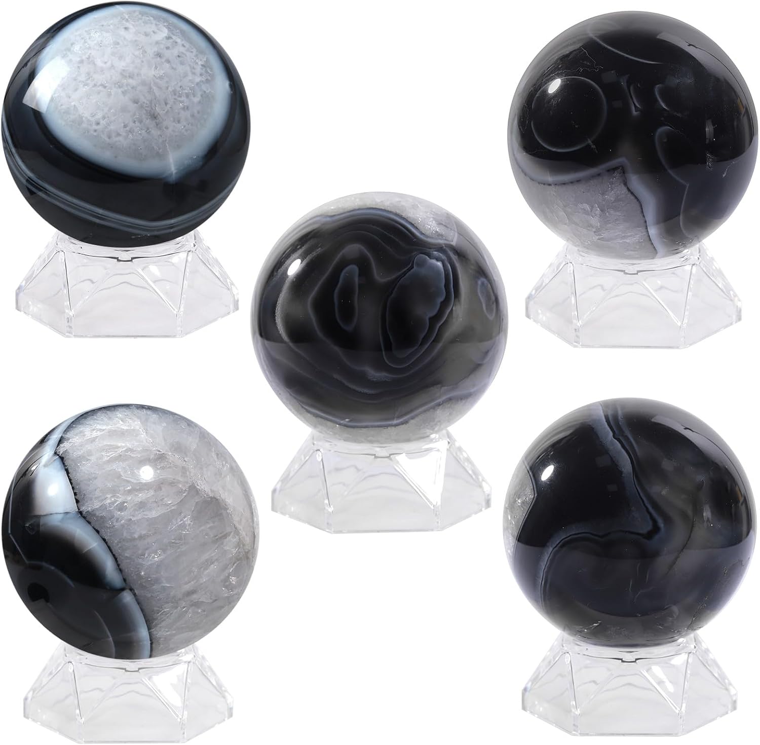 Sportmusies Natural Stripes Black Agate Stone Sphere with Acrylic Stand, Polished Crystal Ball Decoration for Home & Office, 2.36-2.76 inches
