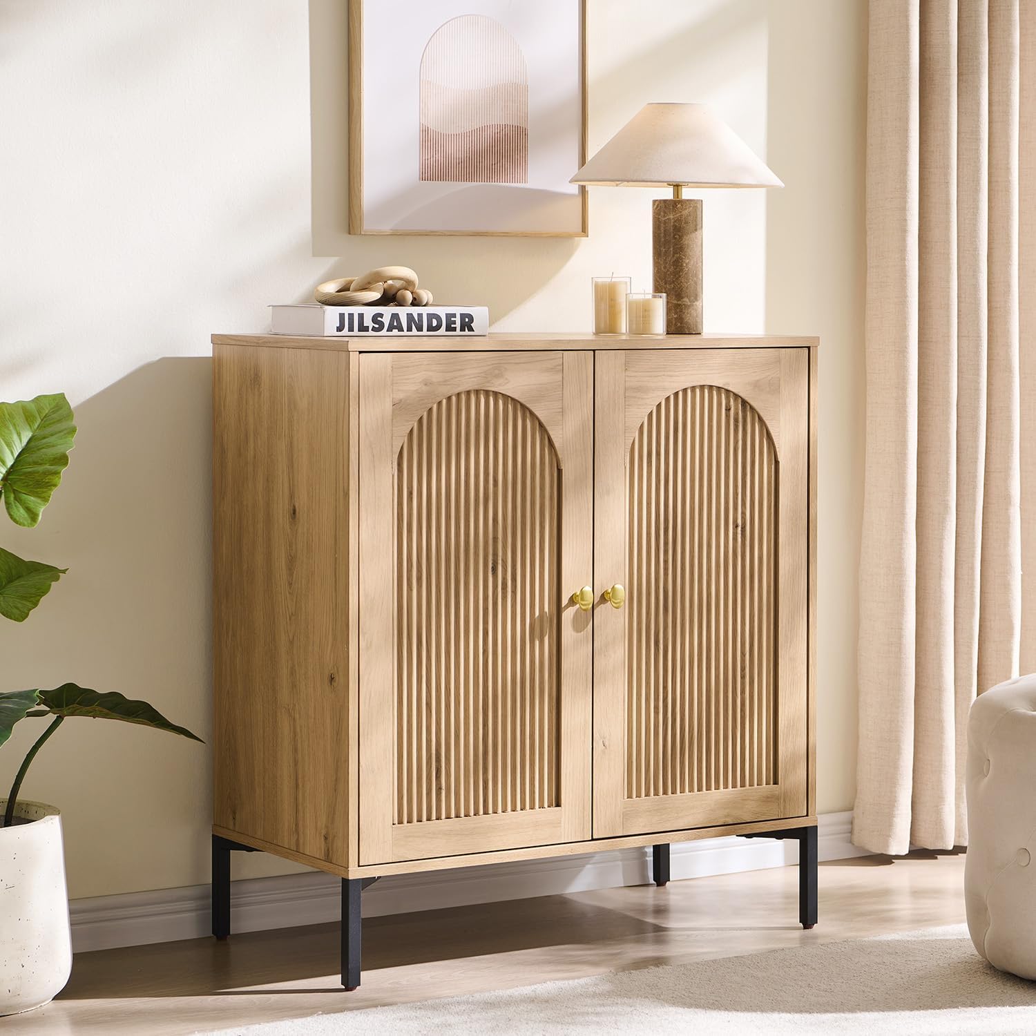 IFBUY Modern Sideboard Buffet Cabinet, 34" Tall Fluted Arched Buffet Cabinet with Storage and Adjustable Shelves, Wooden Modular Coffee Bar Cabinets for Kitchen, Entryway, Natural