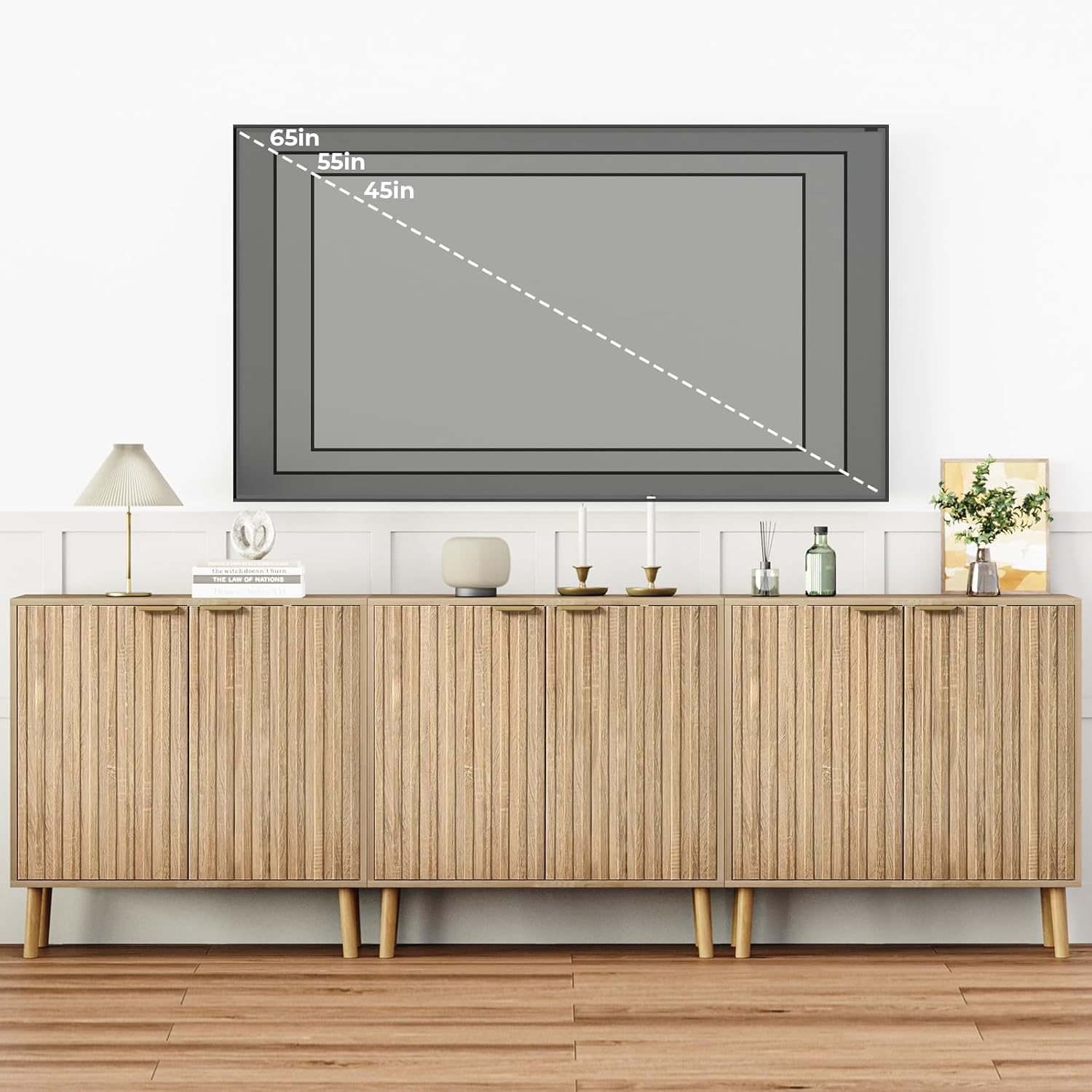 Vrullu Fluted Storage Cabinet, Freestanding Buffet Cabinet with Adjustable Shelf, Wood Sideboard, Multifunctional Accent Storage for Living Room, Hallway, Entryway, Dining Room (1, Oak)
