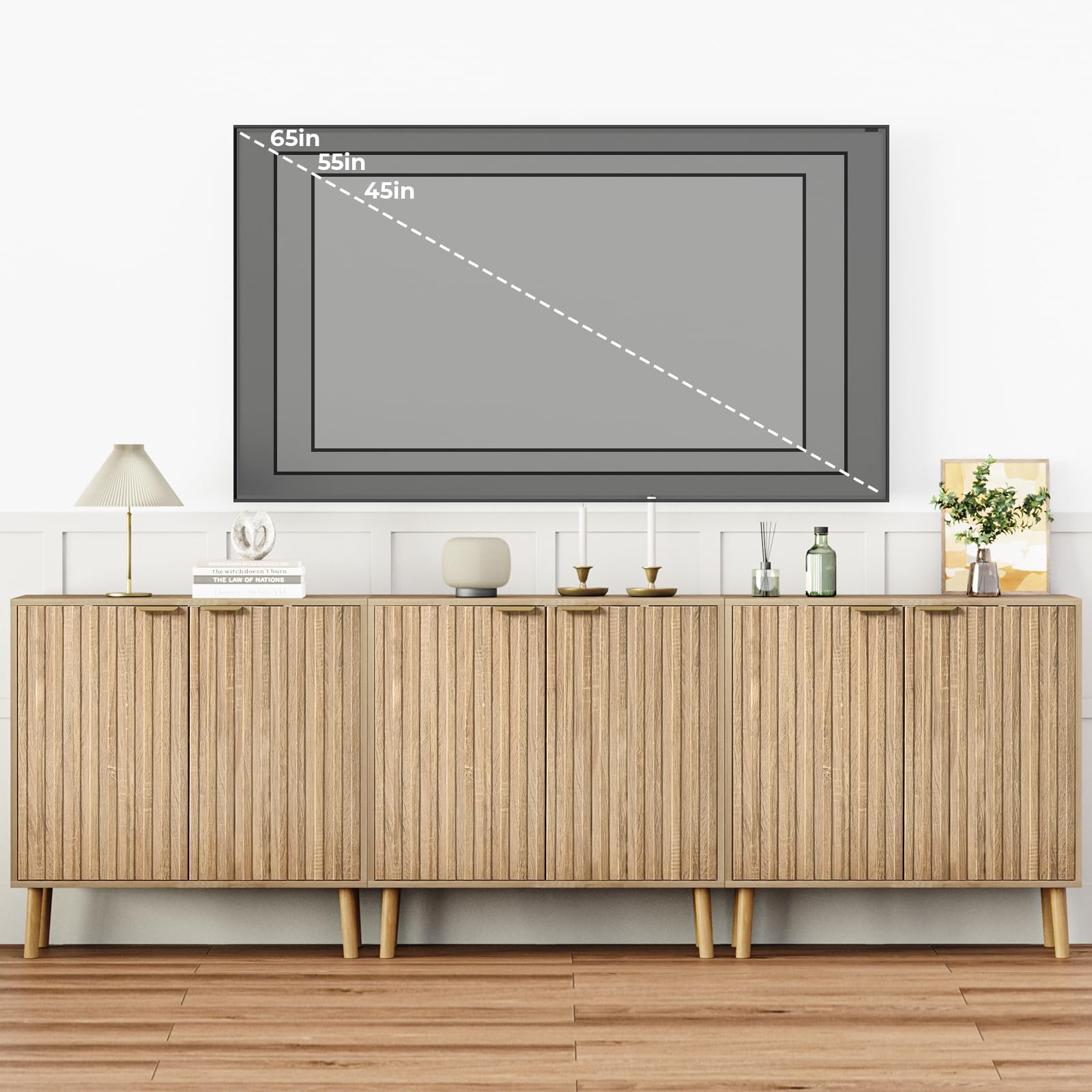 Vrullu Fluted Storage Cabinet, Freestanding Buffet Cabinet with Adjustable Shelf, Wood Sideboard, Multifunctional Accent Storage for Living Room, Hallway, Entryway, Dining Room (1, Oak)