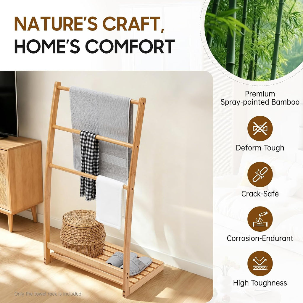 40 Bamboo 3 Tier Towel Rack Quilt Rack Stand or Blanket Rack Extra Tall freestanding Solid Wood Towel Rack with Bottom Storage Shelf for Living Room or Bedroom