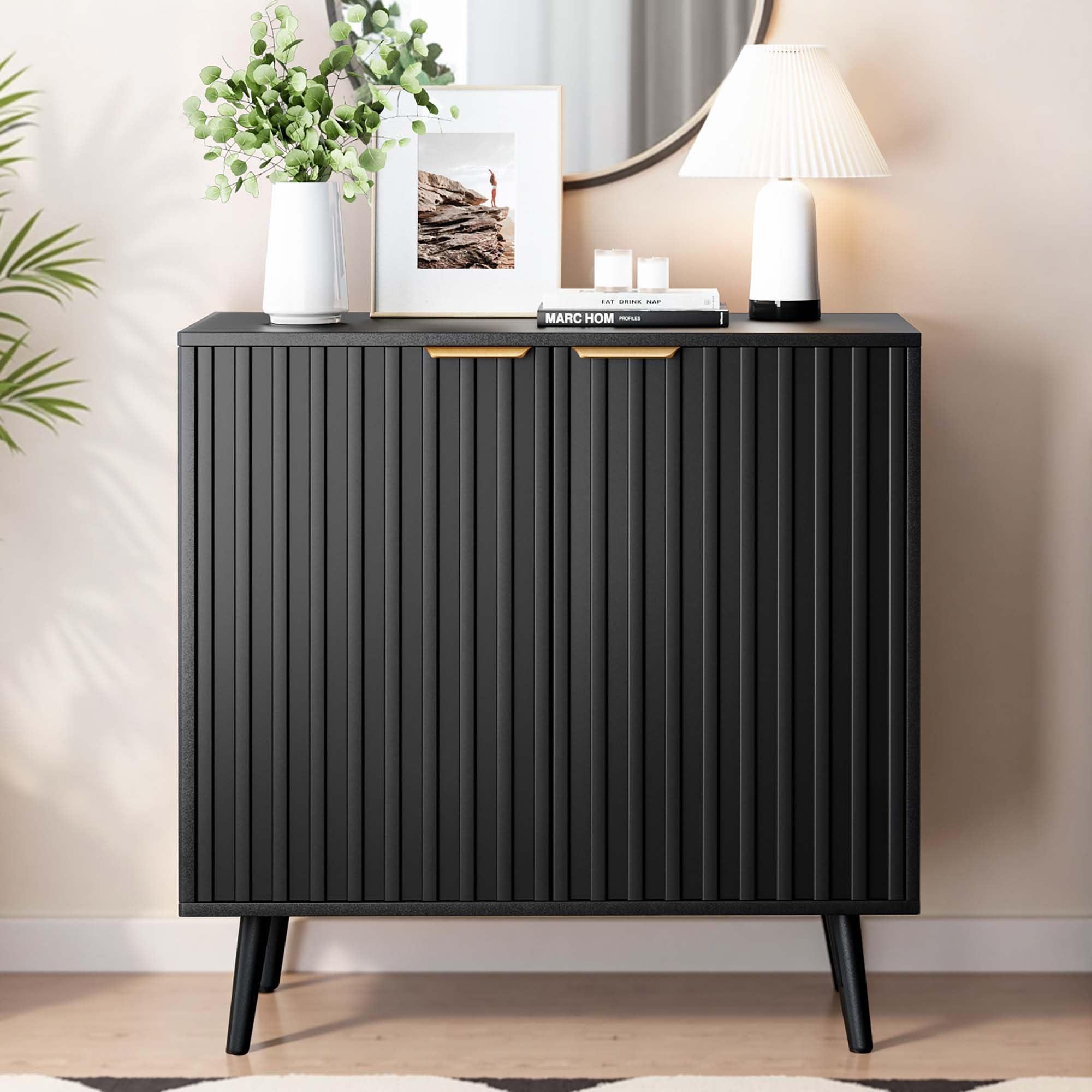 Fluted Storage Cabinet, Buffet Cabinet with Storage, Wood Sideboard with Adjustable Shelf, Modern Accent Cabinet & Console Table for Entryway, Living Room, Dining Room, Natural