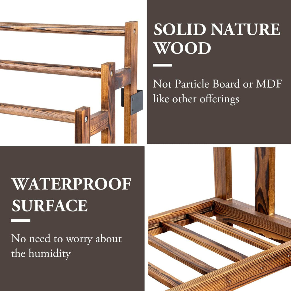 MyGift Free Standing Towel Rack, Wooden 3-Tier Quilt Rack, Bath Towel Drying Stand, Blanket Holder with Bottom Storage Shelf, for Bathroom, Living Room, Rustic Dark Brown
