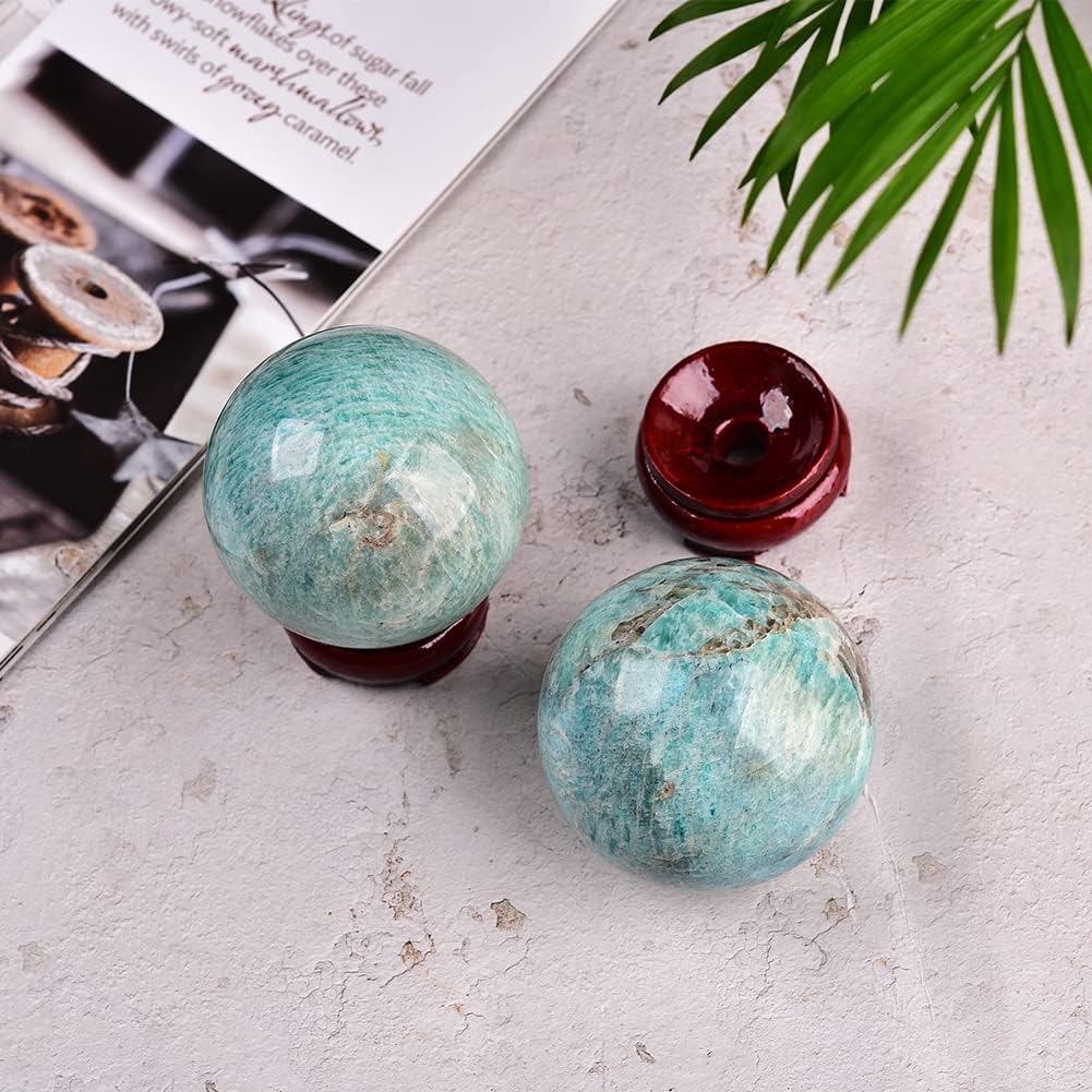 JIC Gem Natural Amazonite Crystal Sphere with Wood Stand Gemstone Sphere,Polished Healing Energy Mineral Gemstone Balls for Reiki Chakra Decoration Fengshui (60-70mm)