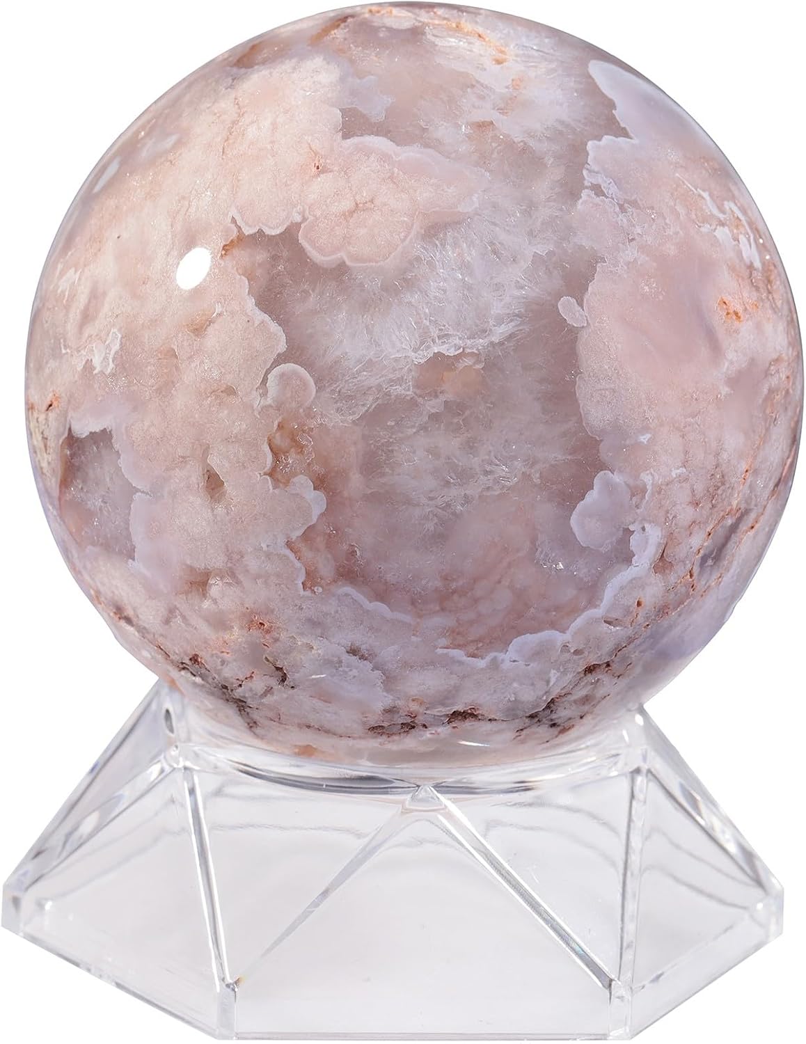 Sportmusies Natural Cherry Blossom Agate Stone Sphere with Acrylic Stand, Polished Crystal Ball Decoration for Home & Office, 2.76-3.15 inches