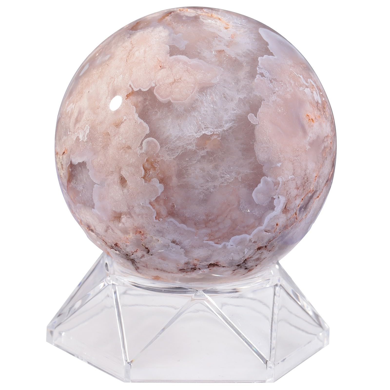Sportmusies Natural Cherry Blossom Agate Stone Sphere with Acrylic Stand, Polished Crystal Ball Decoration for Home & Office, 2.76-3.15 inches
