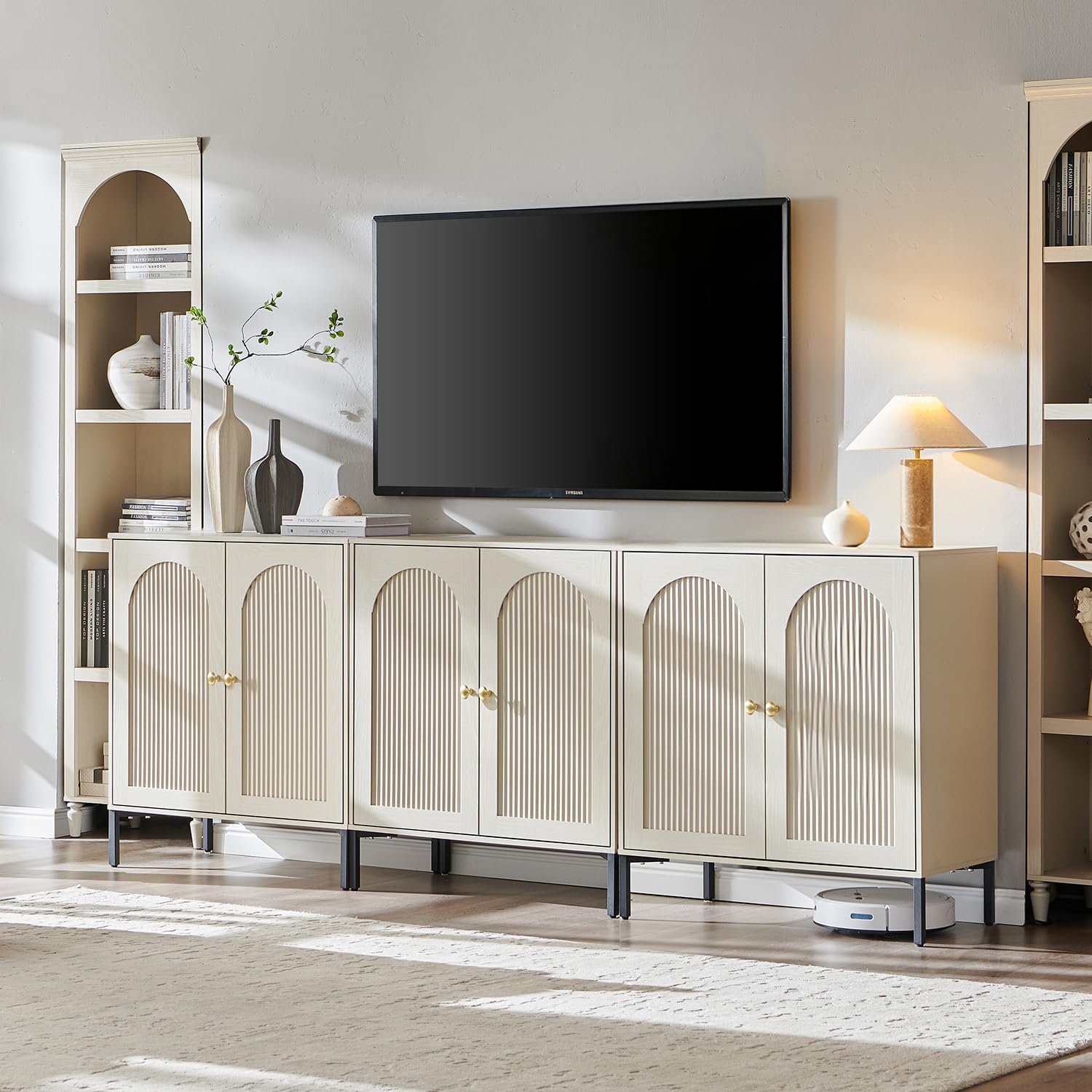 IFBUY Modern Sideboard Buffet Cabinet, 34" Tall Fluted Arched Buffet Cabinet with Storage and Adjustable Shelves, Wooden Modular Coffee Bar Cabinets for Kitchen, Entryway, Natural