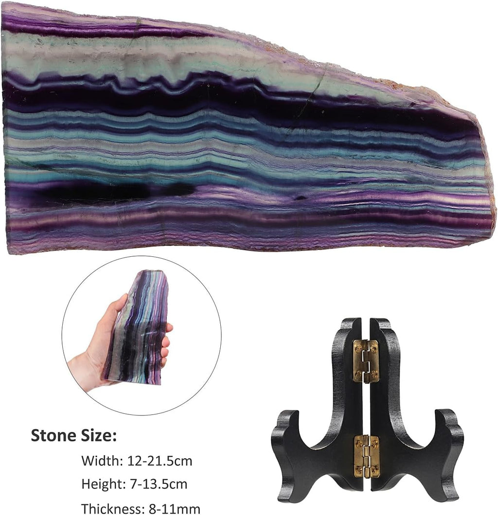 TUMBEELLUWA Irregular Rainbow Fluorite Slab Crystal Stone Collection for Desk Table Decor, Natural Crystal Mineral Specimen with Wooden Display Stand