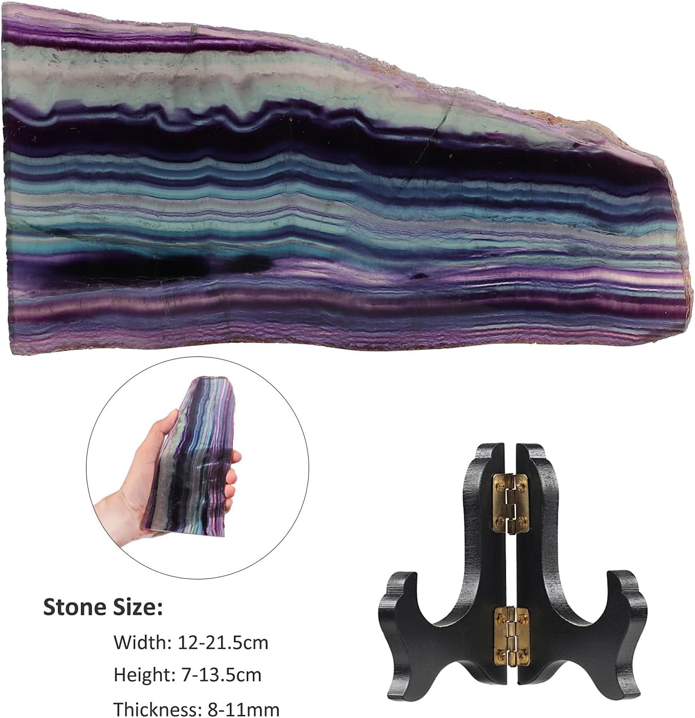 TUMBEELLUWA Irregular Rainbow Fluorite Slab Crystal Stone Collection for Desk Table Decor, Natural Crystal Mineral Specimen with Wooden Display Stand