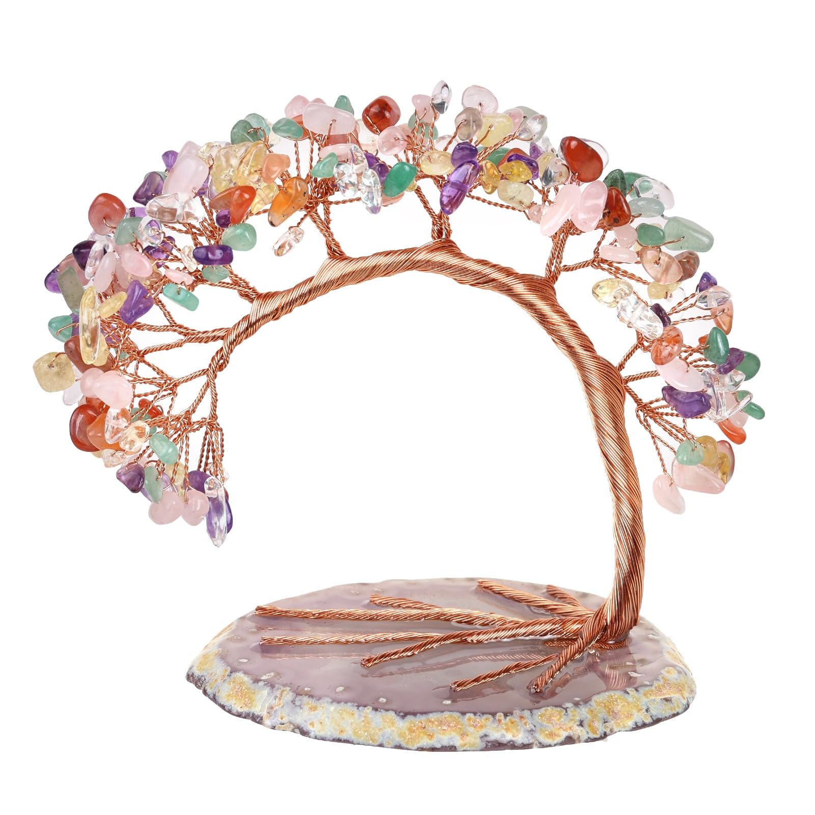 Handmade Fluorite Crystal Tree on Agate Slice Base, Feng Shui Stone Money Tree Bonsai for Home Office Decoration, 4.5"-5.2"